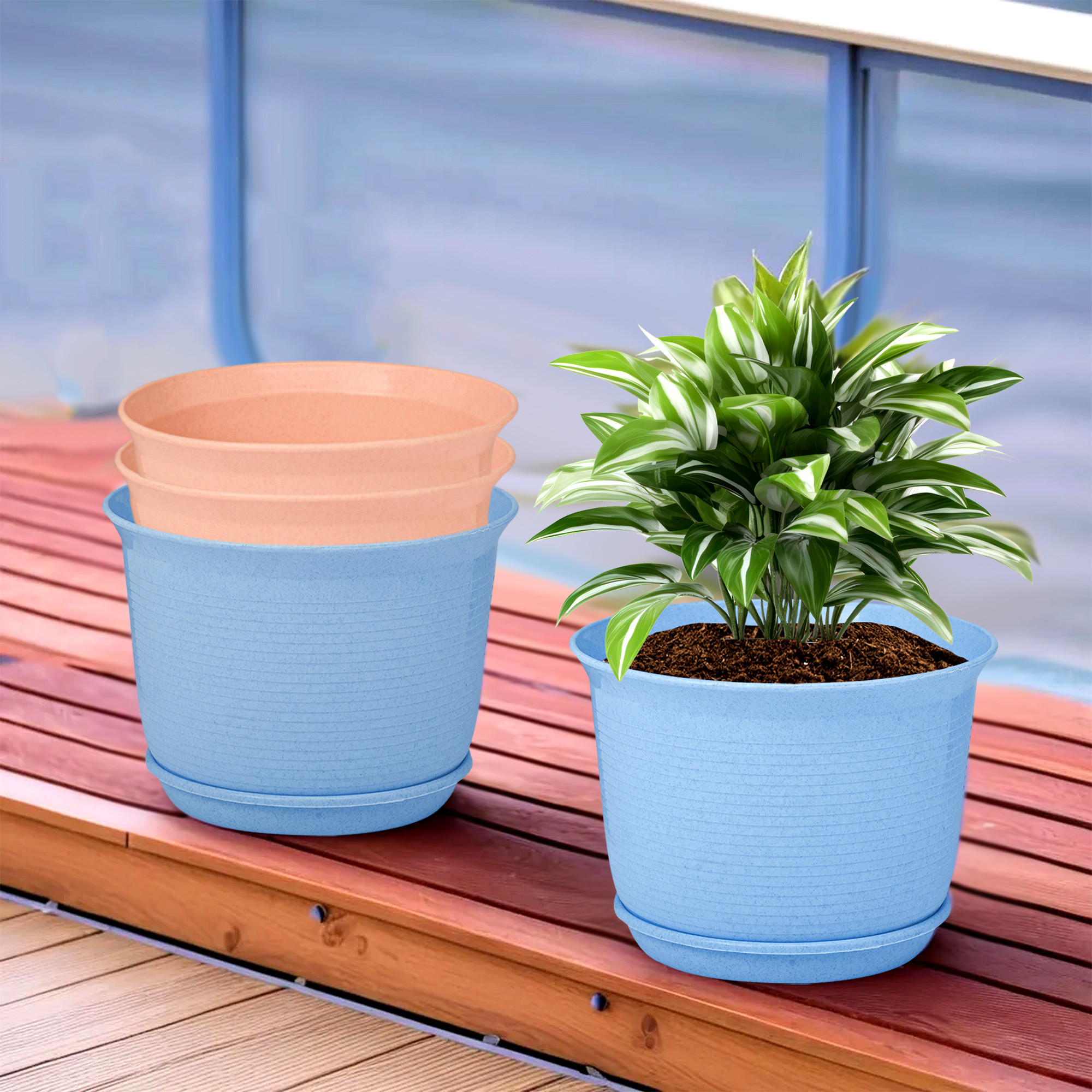 Kuber Industries Flower Pot with Bottom Tray | Flower Pot for Living Room | Planters for Home-Lawns & Gardening | Flower Planter for Balcony | Marble Sawera | 10 Inch | Blue & Peach