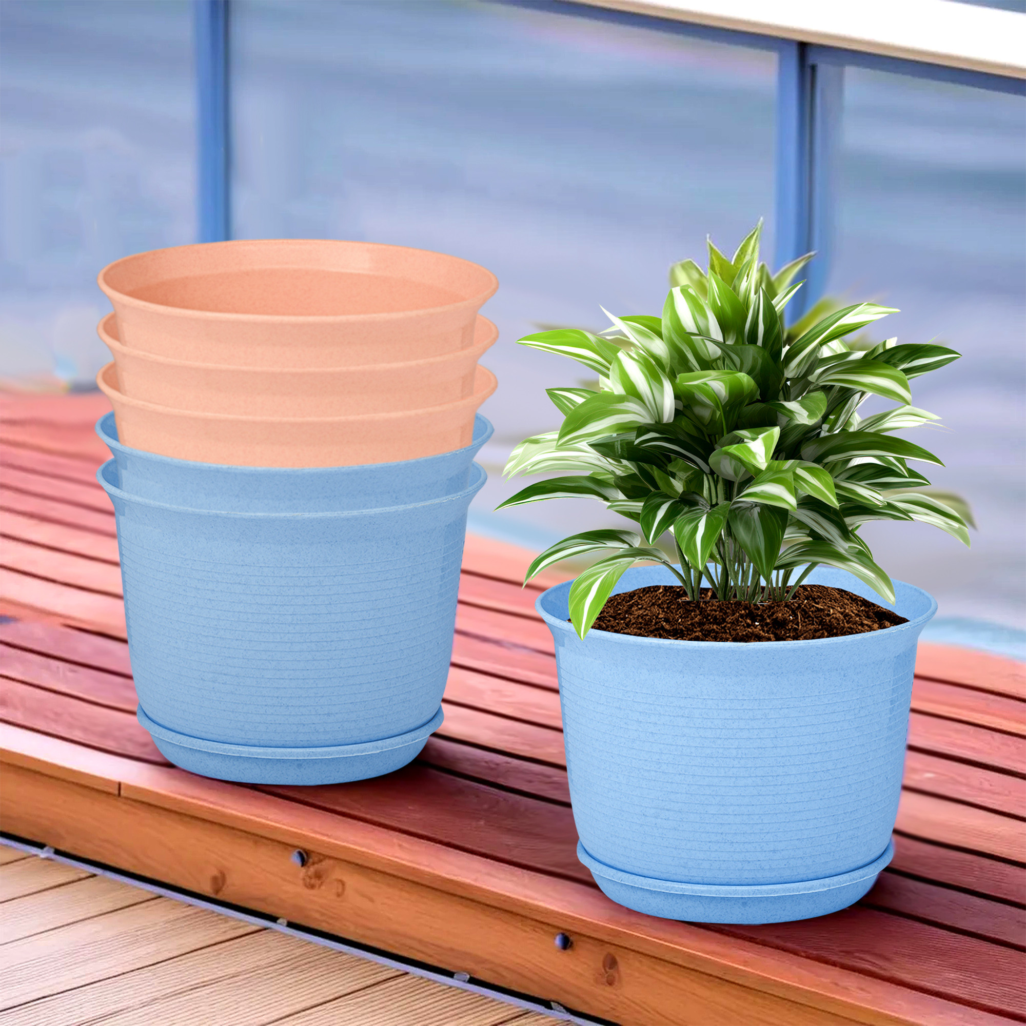 Kuber Industries Flower Pot with Bottom Tray | Flower Pot for Living Room | Planters for Home-Lawns & Gardening | Flower Planter for Balcony | Marble Sawera | 10 Inch | Blue & Peach