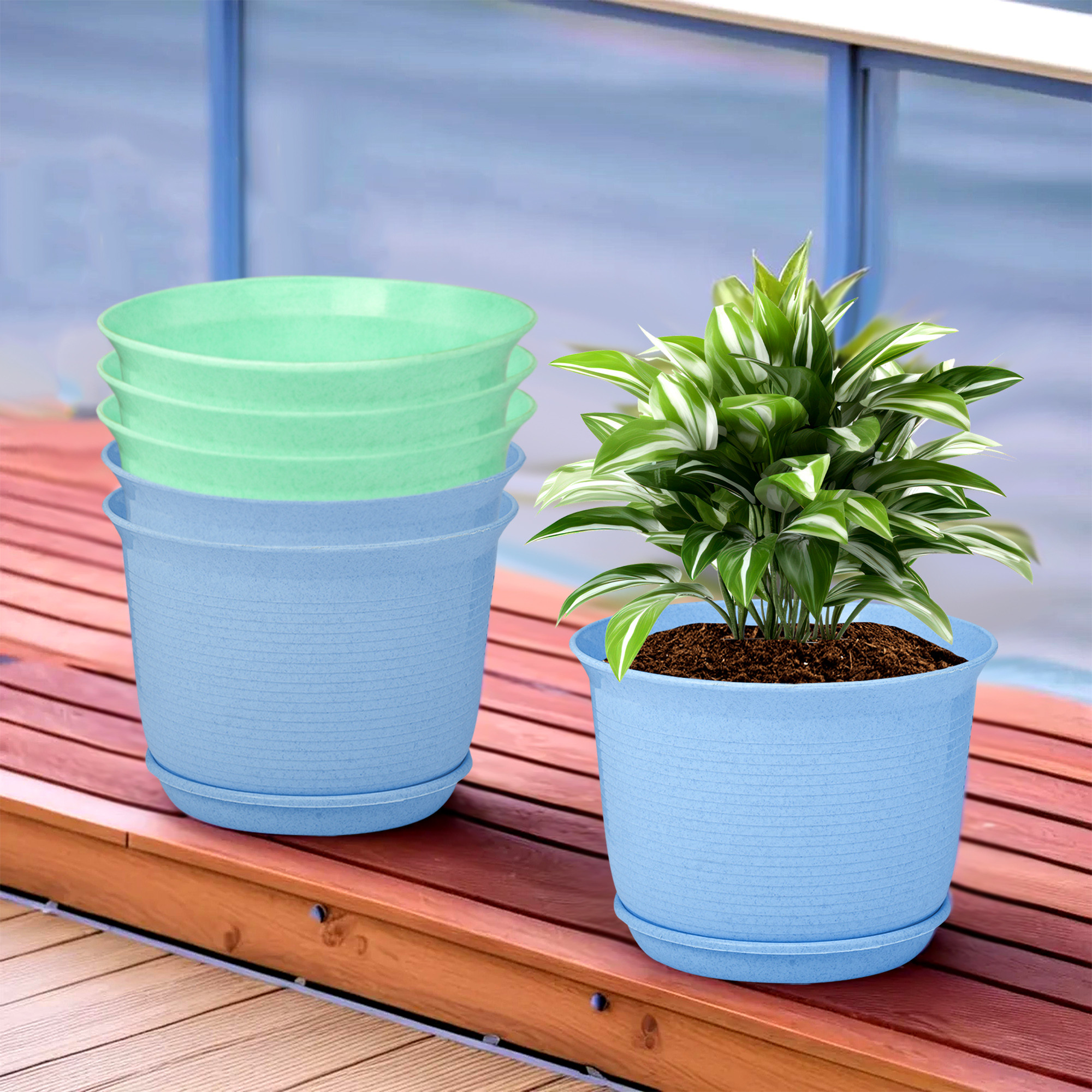 Kuber Industries Flower Pot with Bottom Tray | Flower Pot for Living Room | Planters for Home-Lawns & Gardening | Flower Planter for Balcony | Marble Sawera | 10 Inch | Blue & Green
