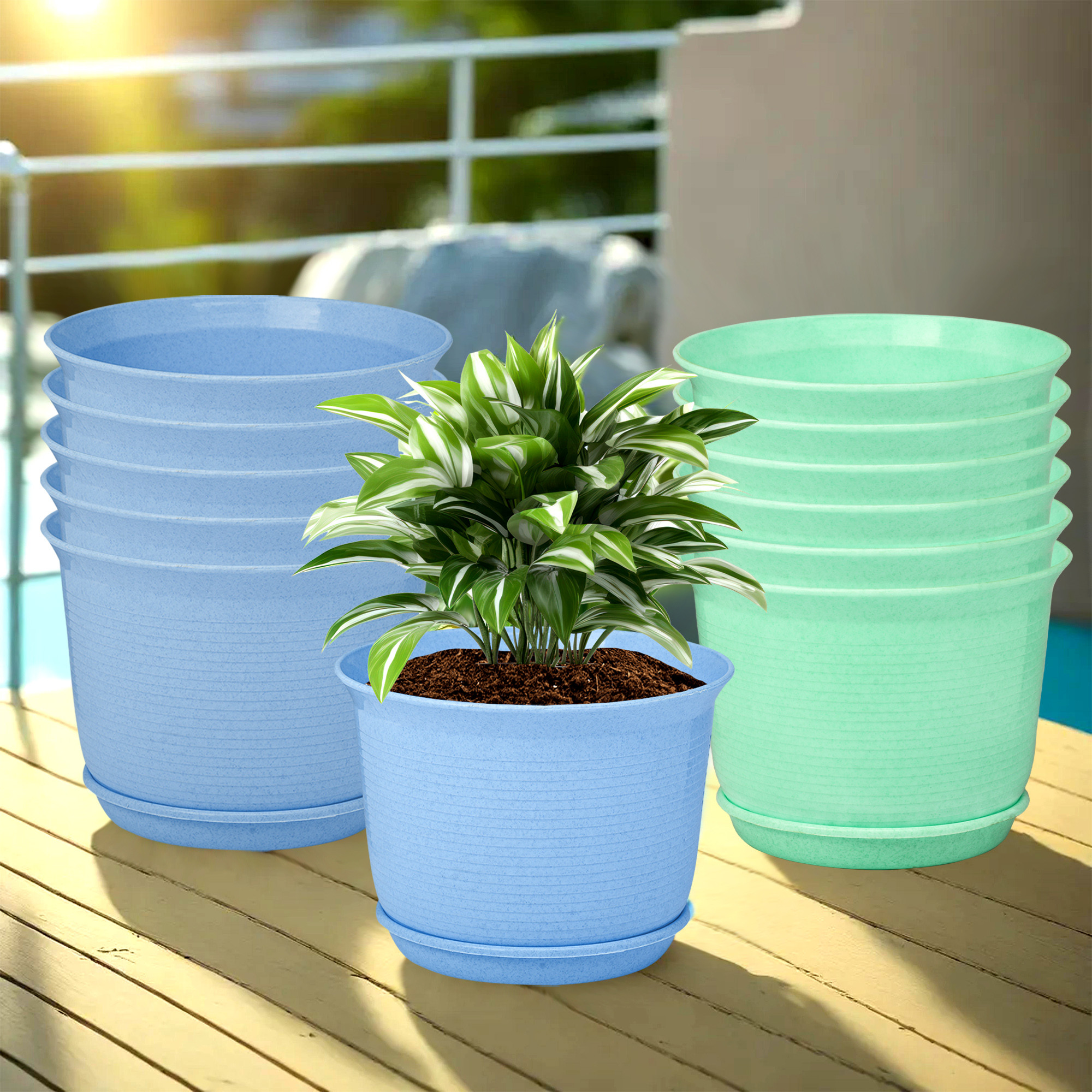 Kuber Industries Flower Pot with Bottom Tray | Flower Pot for Living Room | Planters for Home-Lawns & Gardening | Flower Planter for Balcony | Marble Sawera | 10 Inch | Blue & Green