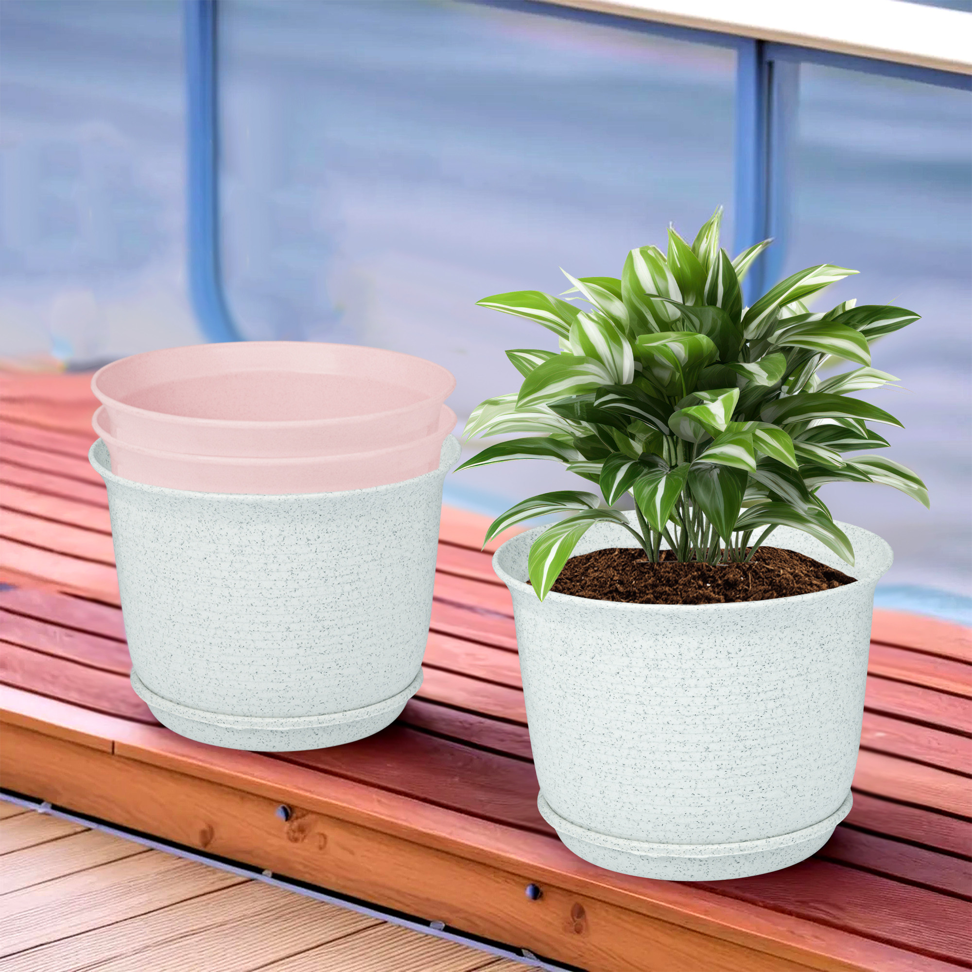 Kuber Industries Flower Pot with Bottom Tray | Flower Pot for Living Room | Planters for Home-Lawns & Gardening | Flower Planter for Balcony | Marble Sawera | 10 Inch | White & Pink