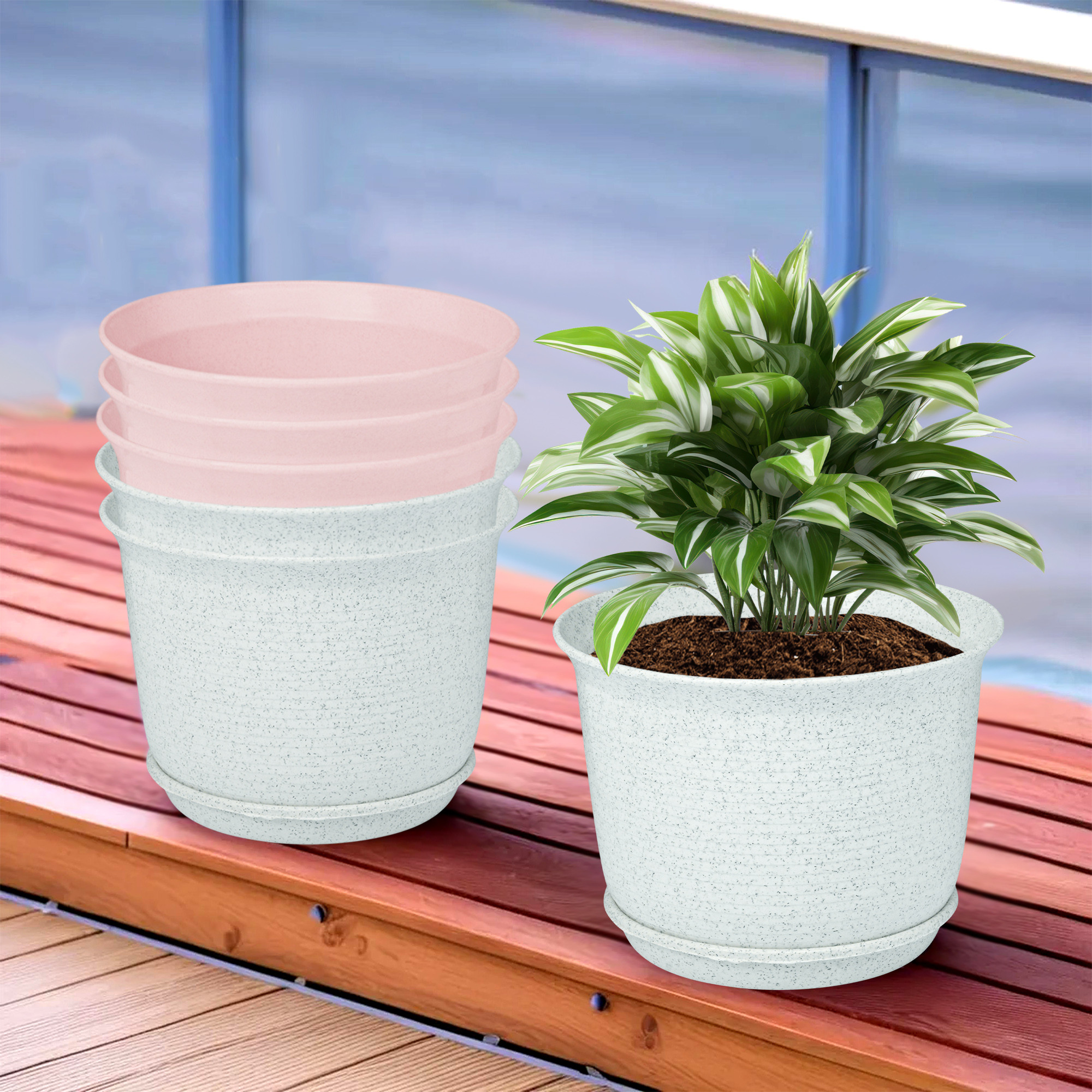 Kuber Industries Flower Pot with Bottom Tray | Flower Pot for Living Room | Planters for Home-Lawns & Gardening | Flower Planter for Balcony | Marble Sawera | 10 Inch | White & Pink
