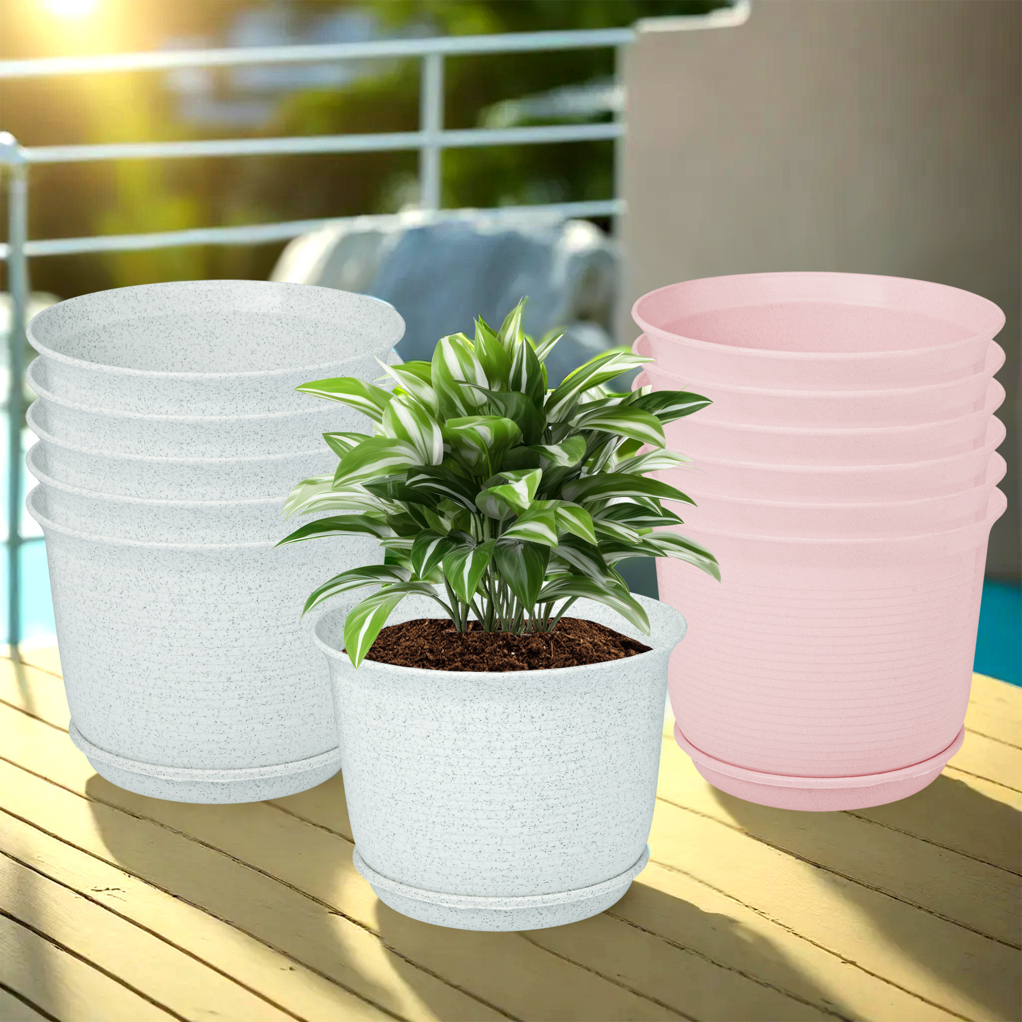 Kuber Industries Flower Pot with Bottom Tray | Flower Pot for Living Room | Planters for Home-Lawns & Gardening | Flower Planter for Balcony | Marble Sawera | 10 Inch | White & Pink