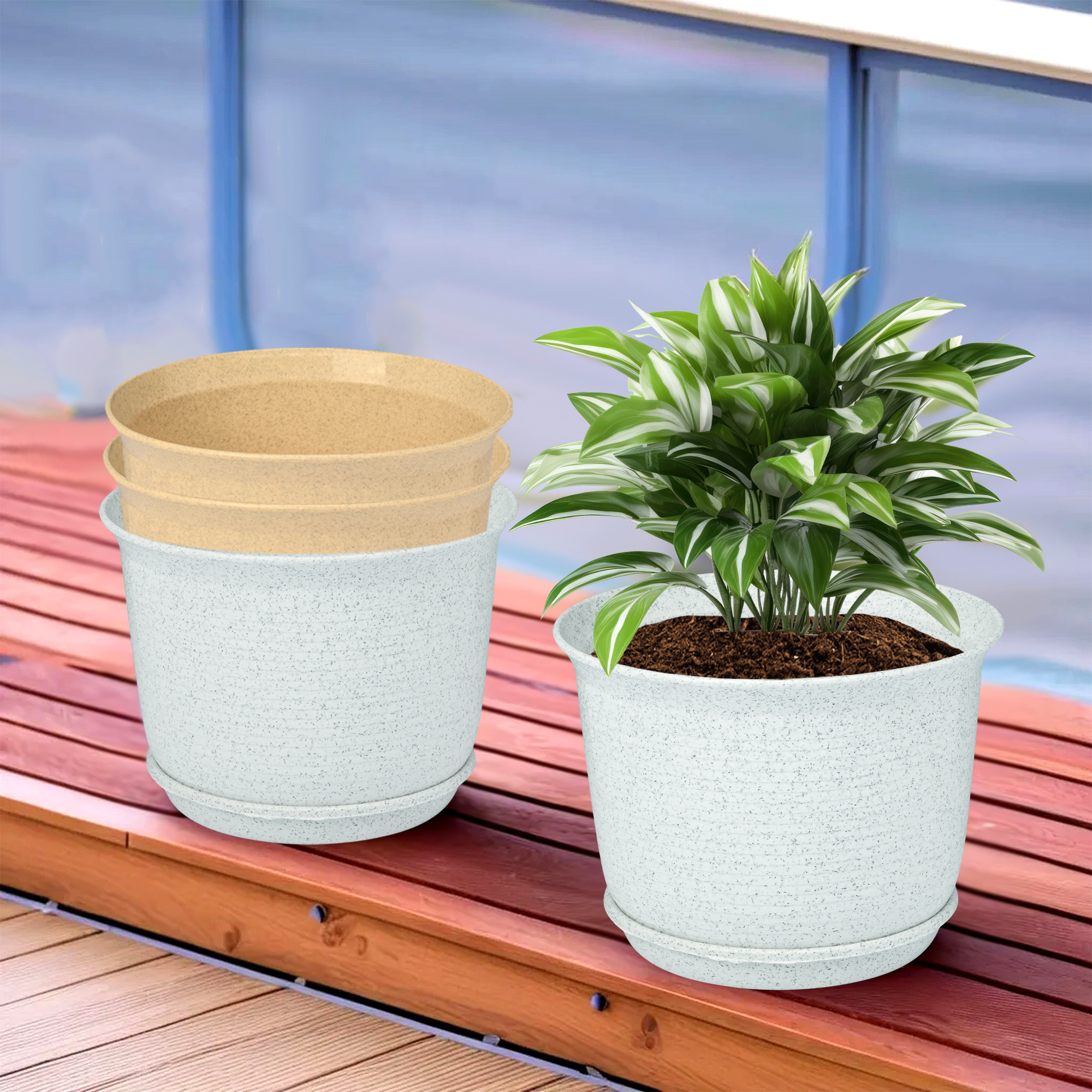 Kuber Industries Flower Pot with Bottom Tray | Flower Pot for Living Room | Planters for Home-Lawns & Gardening | Flower Planter for Balcony | Marble Sawera | 10 Inch | White & Beige