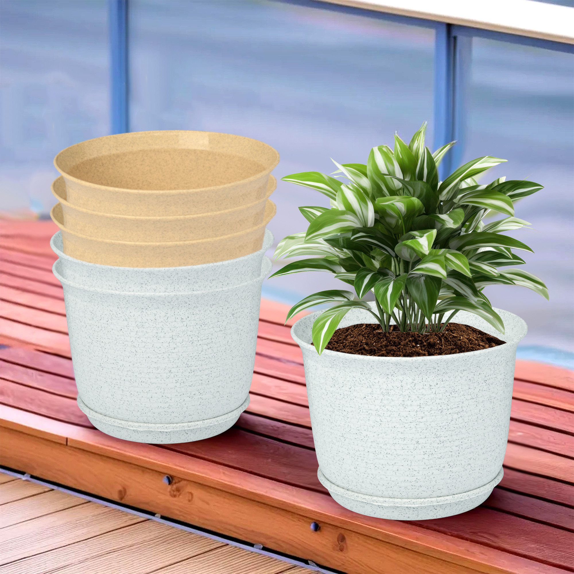 Kuber Industries Flower Pot with Bottom Tray | Flower Pot for Living Room | Planters for Home-Lawns & Gardening | Flower Planter for Balcony | Marble Sawera | 10 Inch | White & Beige