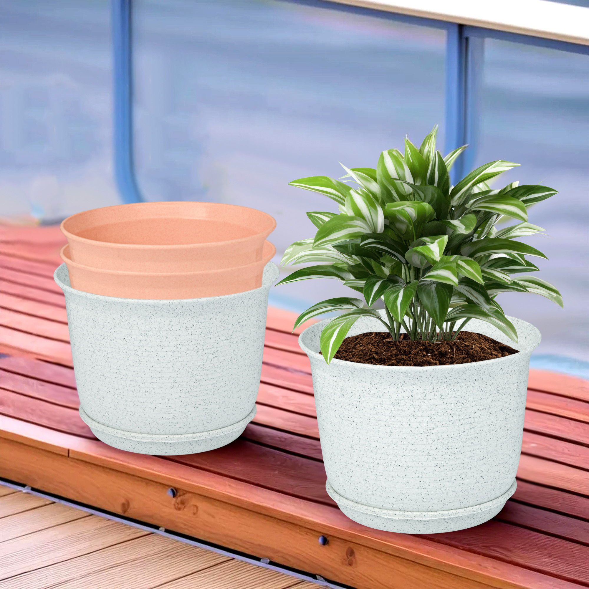 Kuber Industries Flower Pot with Bottom Tray | Flower Pot for Living Room | Planters for Home-Lawns & Gardening | Flower Planter for Balcony | Marble Sawera | 10 Inch | White & Peach