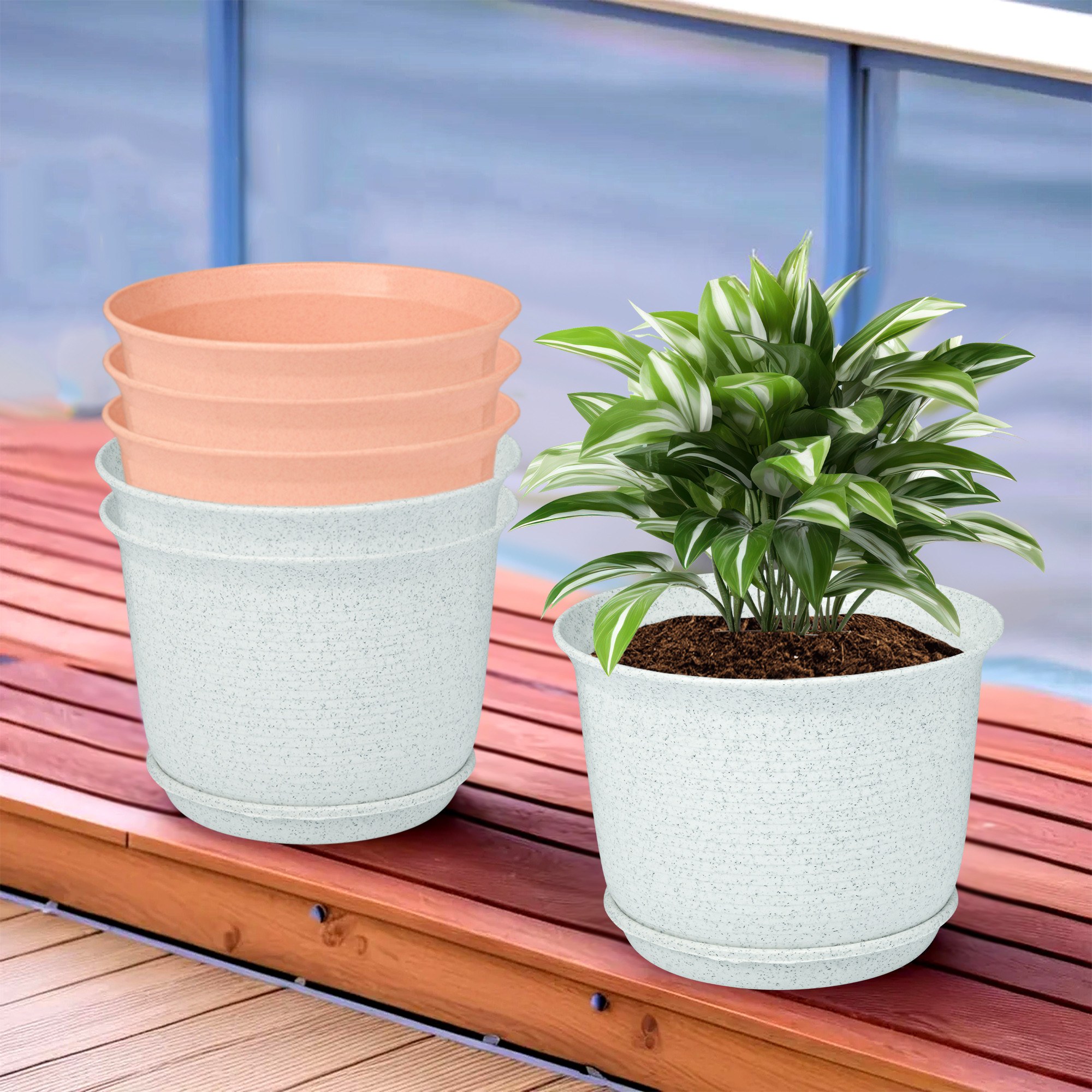 Kuber Industries Flower Pot with Bottom Tray | Flower Pot for Living Room | Planters for Home-Lawns & Gardening | Flower Planter for Balcony | Marble Sawera | 10 Inch | White & Peach