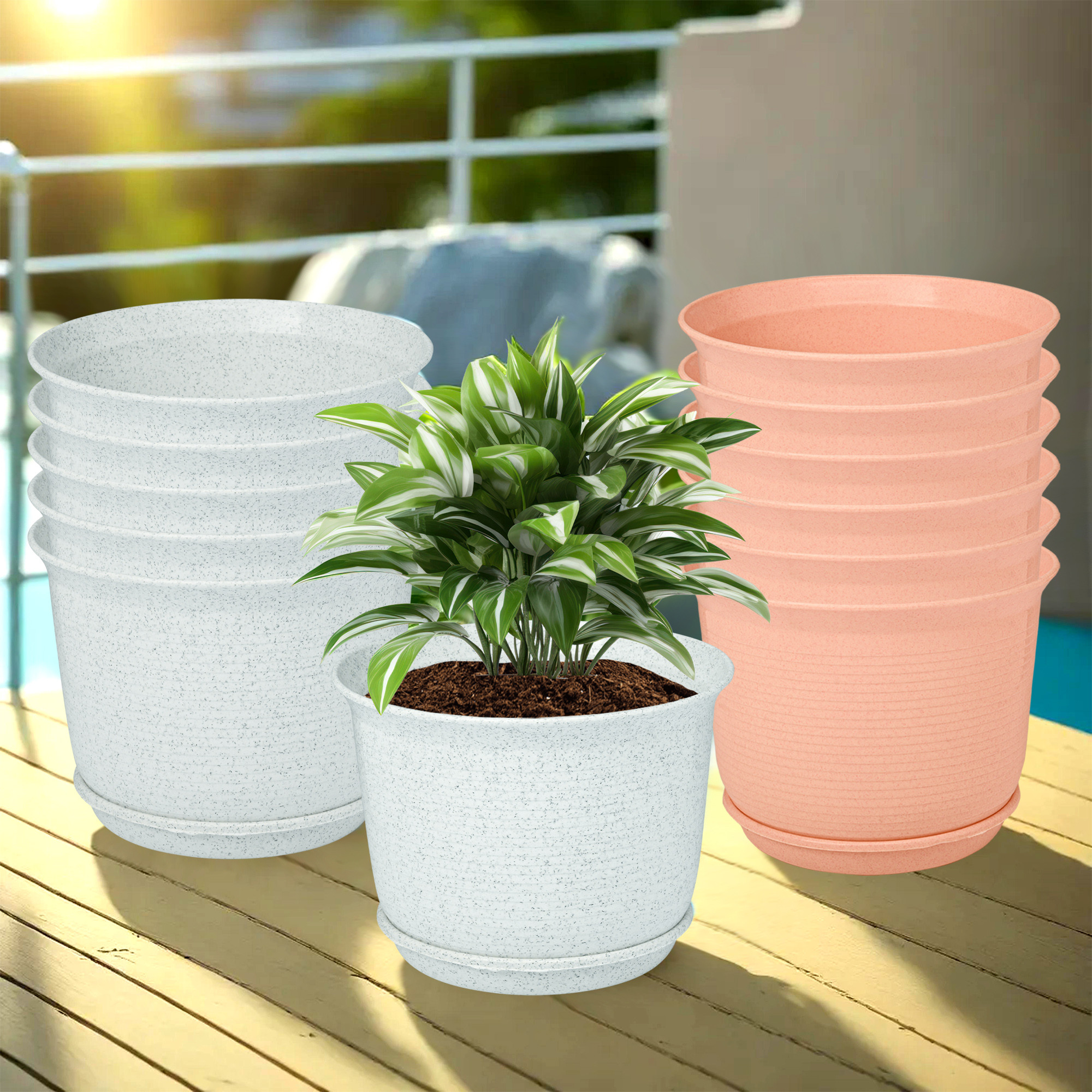 Kuber Industries Flower Pot with Bottom Tray | Flower Pot for Living Room | Planters for Home-Lawns & Gardening | Flower Planter for Balcony | Marble Sawera | 10 Inch | White & Peach