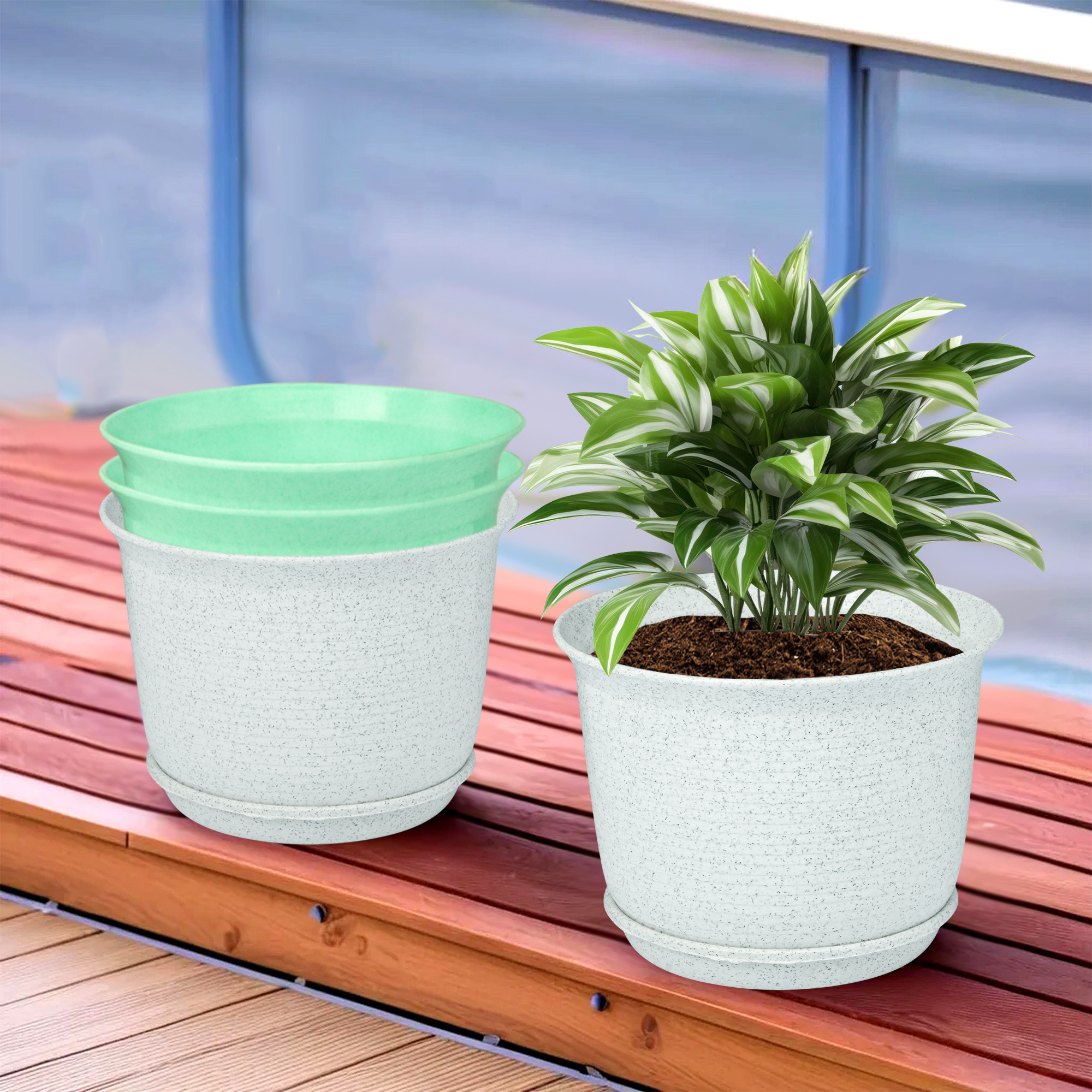 Kuber Industries Flower Pot with Bottom Tray | Flower Pot for Living Room | Planters for Home-Lawns & Gardening | Flower Planter for Balcony | Marble Sawera | 10 Inch | White & Green