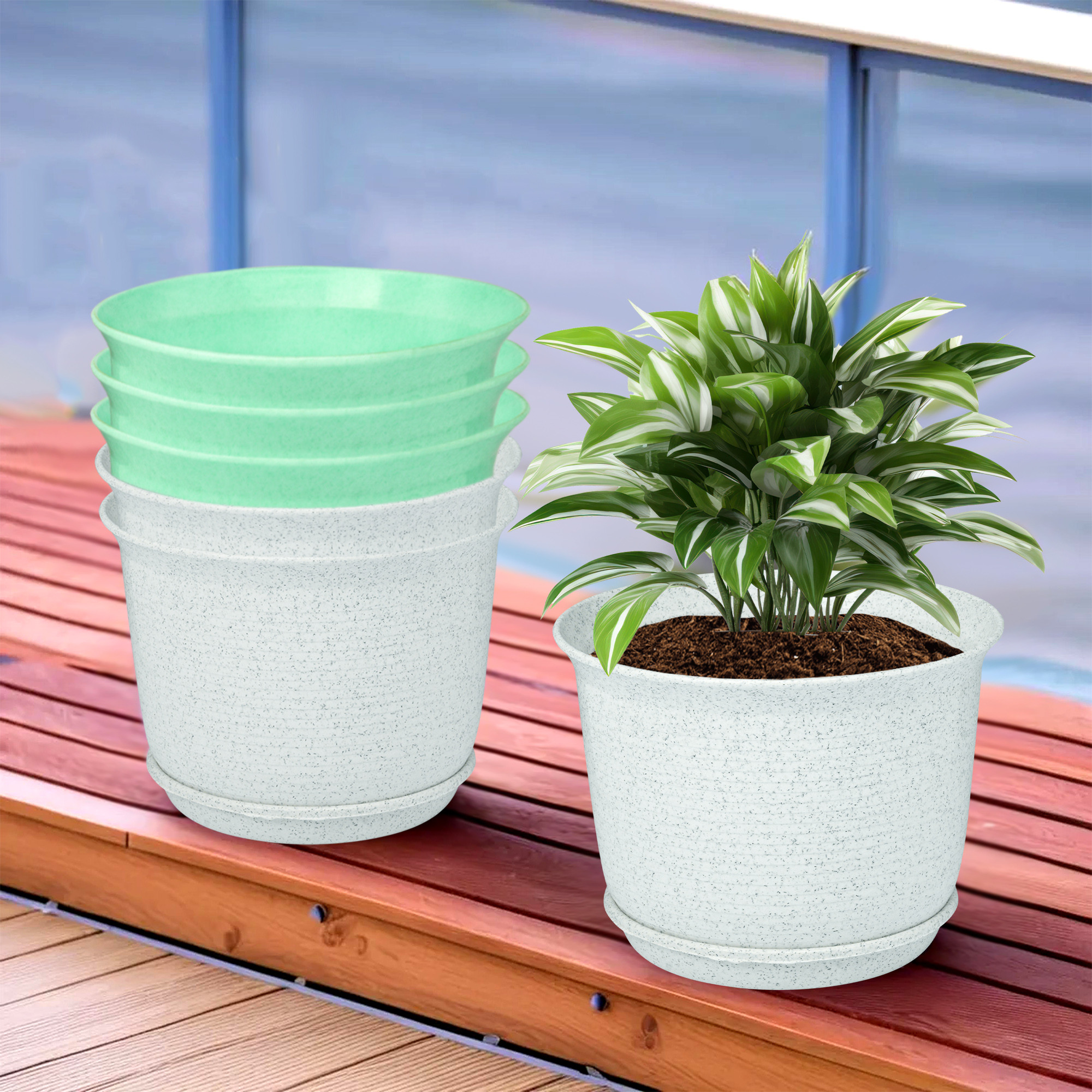 Kuber Industries Flower Pot with Bottom Tray | Flower Pot for Living Room | Planters for Home-Lawns & Gardening | Flower Planter for Balcony | Marble Sawera | 10 Inch | White & Green