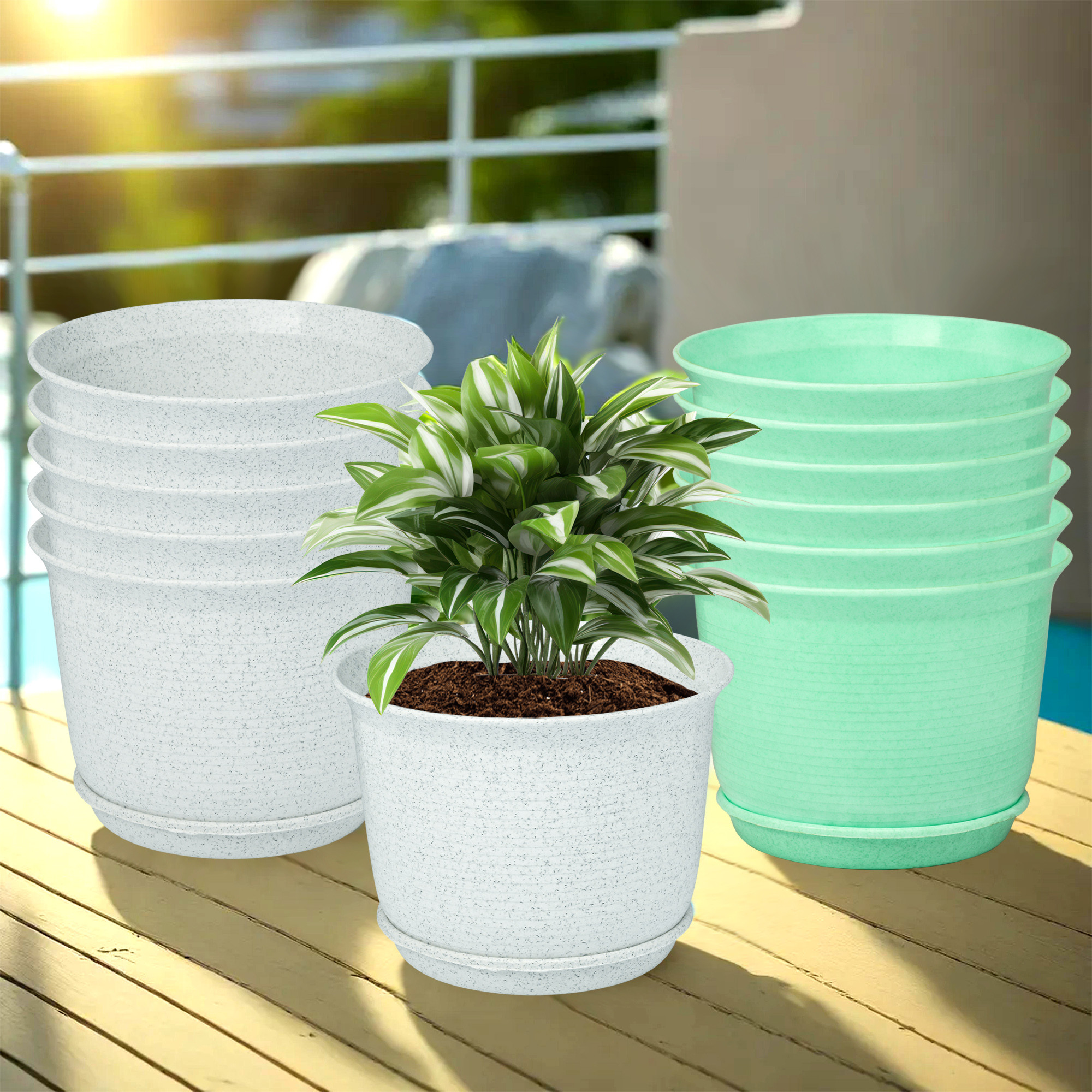 Kuber Industries Flower Pot with Bottom Tray | Flower Pot for Living Room | Planters for Home-Lawns & Gardening | Flower Planter for Balcony | Marble Sawera | 10 Inch | White & Green