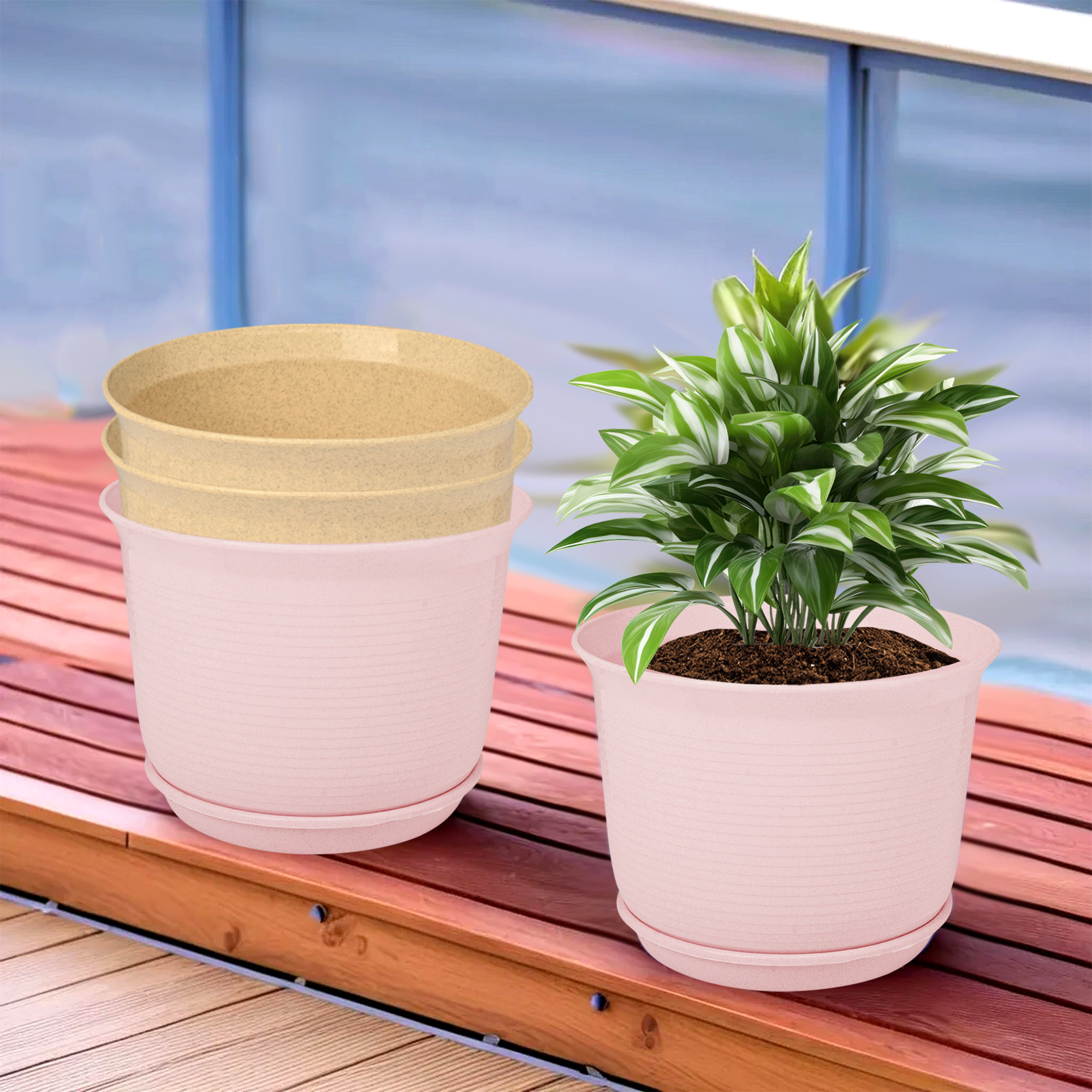 Kuber Industries Flower Pot with Bottom Tray | Flower Pot for Living Room | Planters for Home-Lawns & Gardening | Flower Planter for Balcony | Marble Sawera | 10 Inch | Pink & Beige