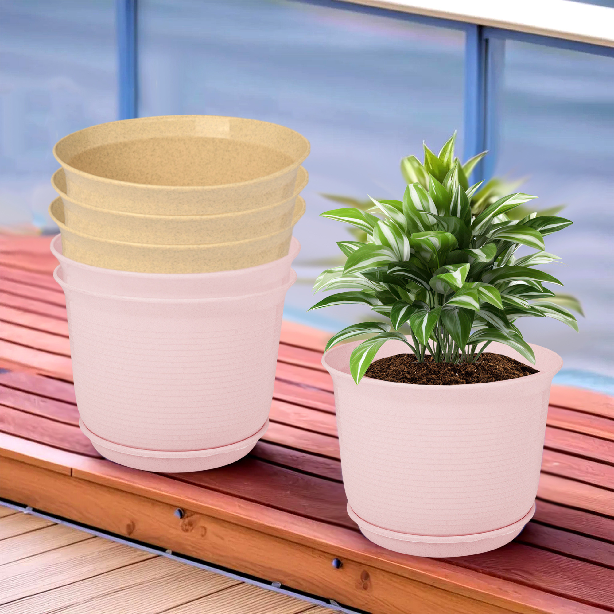 Kuber Industries Flower Pot with Bottom Tray | Flower Pot for Living Room | Planters for Home-Lawns & Gardening | Flower Planter for Balcony | Marble Sawera | 10 Inch | Pink & Beige