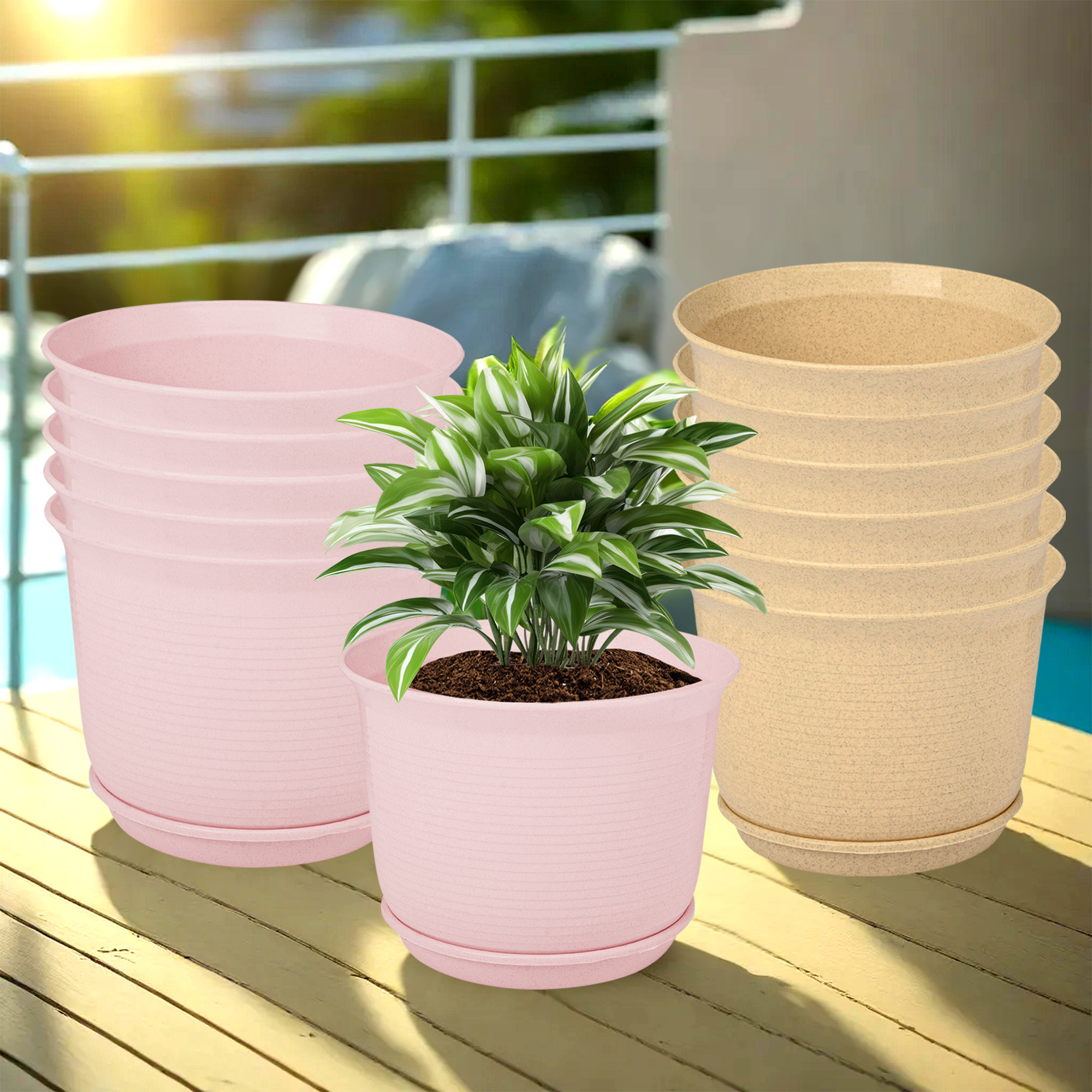 Kuber Industries Flower Pot with Bottom Tray | Flower Pot for Living Room | Planters for Home-Lawns & Gardening | Flower Planter for Balcony | Marble Sawera | 10 Inch | Pink & Beige