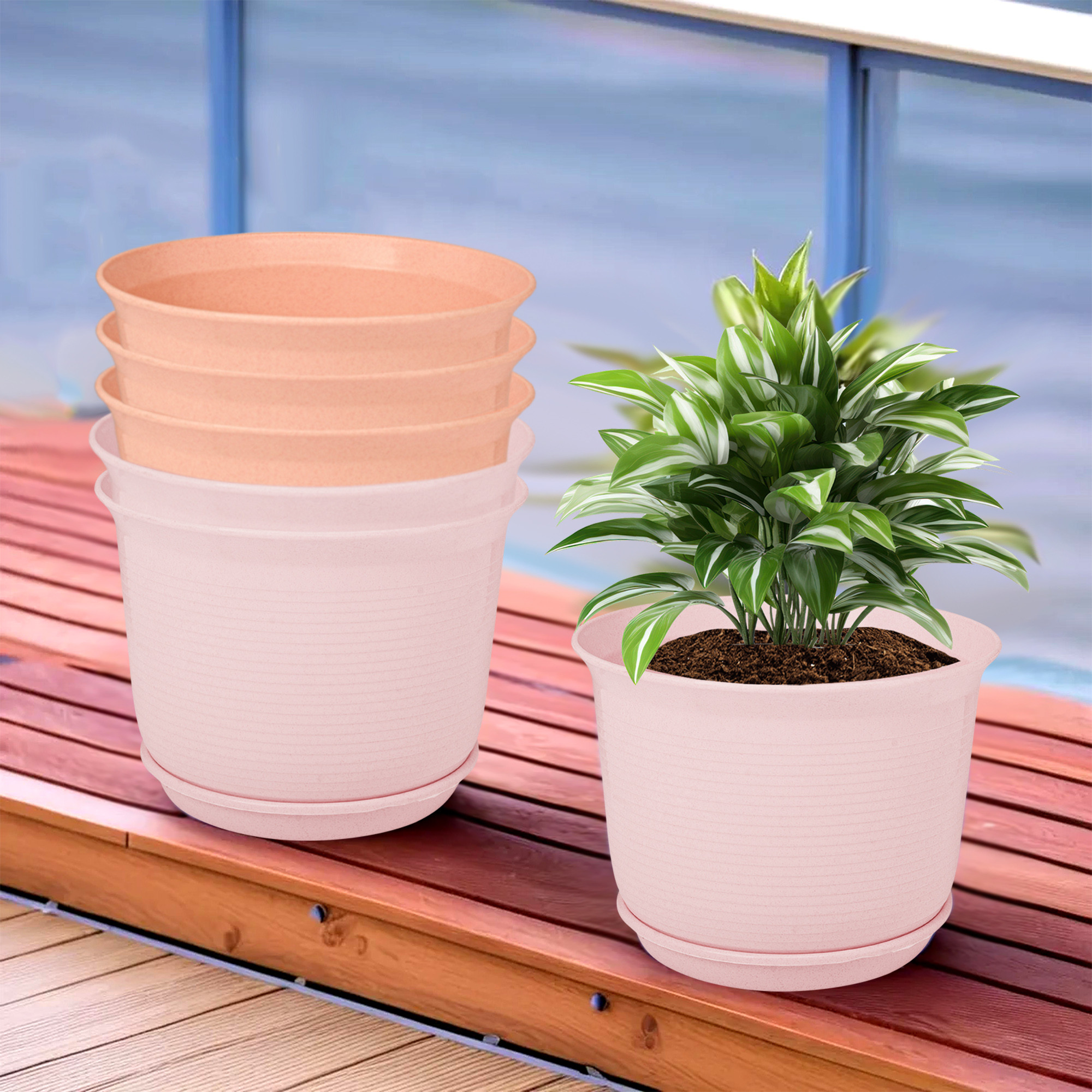 Kuber Industries Flower Pot with Bottom Tray | Flower Pot for Living Room | Planters for Home-Lawns & Gardening | Flower Planter for Balcony | Marble Sawera | 10 Inch | Pink & Peach