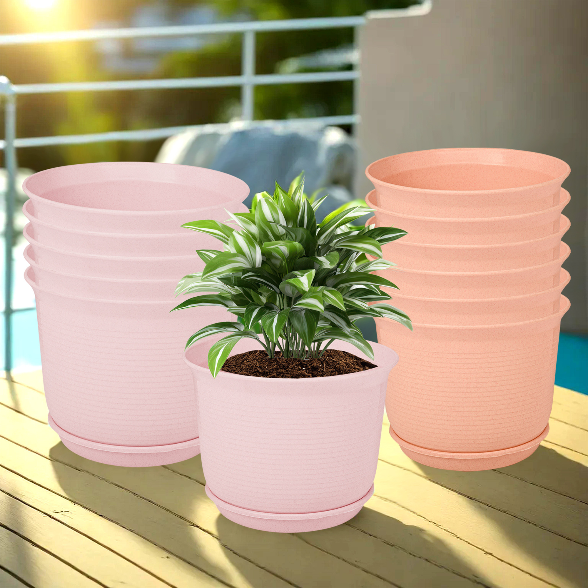 Kuber Industries Flower Pot with Bottom Tray | Flower Pot for Living Room | Planters for Home-Lawns & Gardening | Flower Planter for Balcony | Marble Sawera | 10 Inch | Pink & Peach