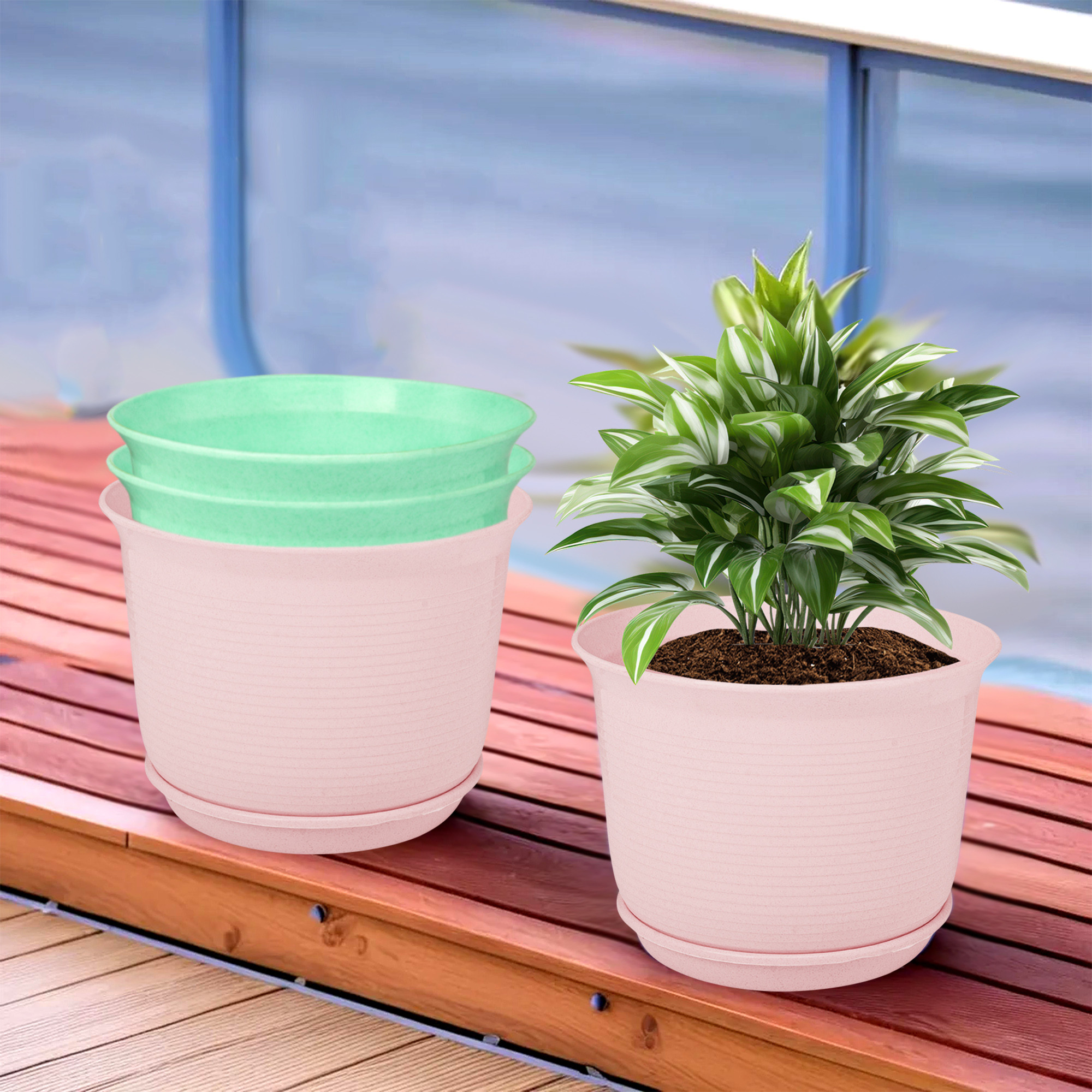 Kuber Industries Flower Pot with Bottom Tray | Flower Pot for Living Room | Planters for Home-Lawns & Gardening | Flower Planter for Balcony | Marble Sawera | 10 Inch | Pink & Green