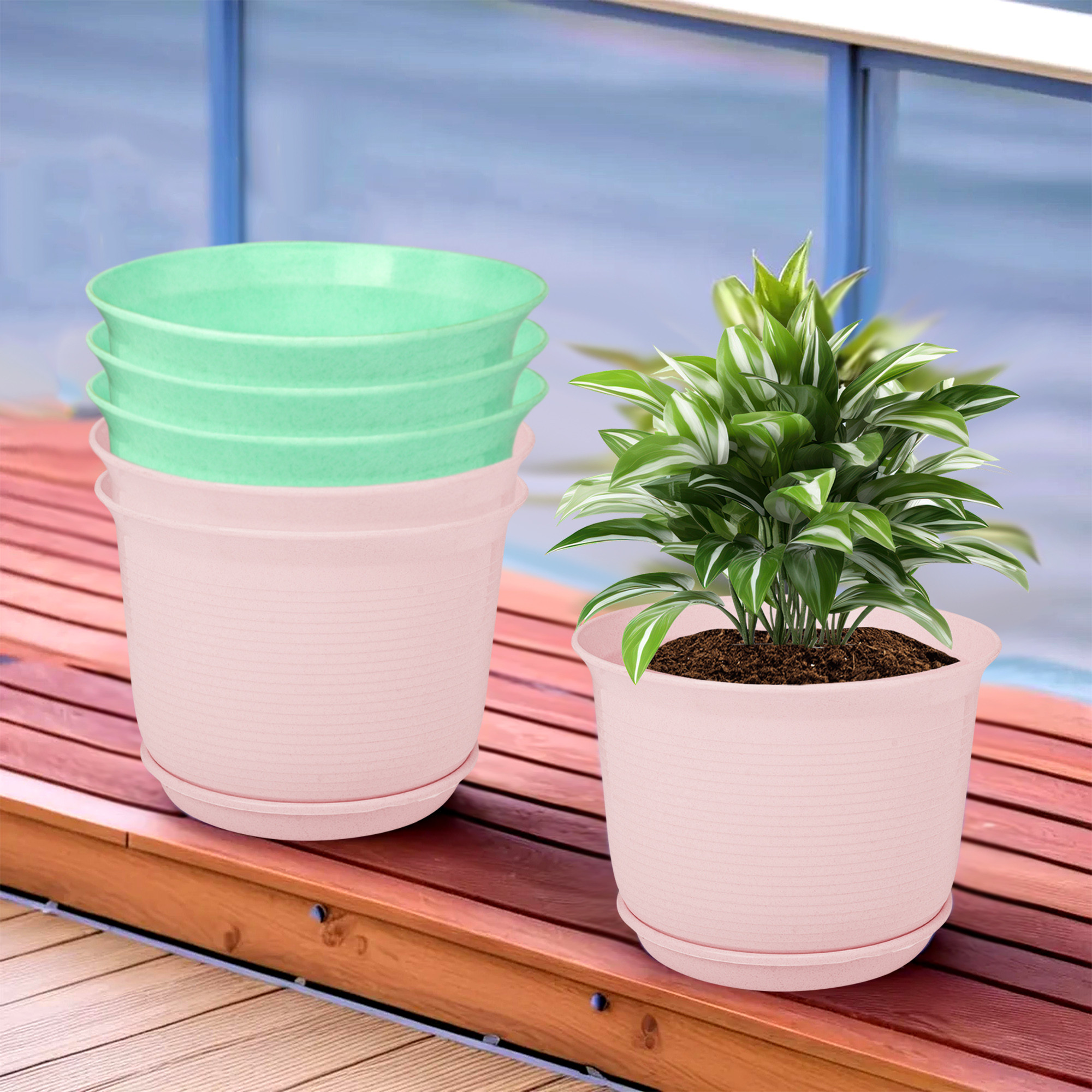 Kuber Industries Flower Pot with Bottom Tray | Flower Pot for Living Room | Planters for Home-Lawns & Gardening | Flower Planter for Balcony | Marble Sawera | 10 Inch | Pink & Green