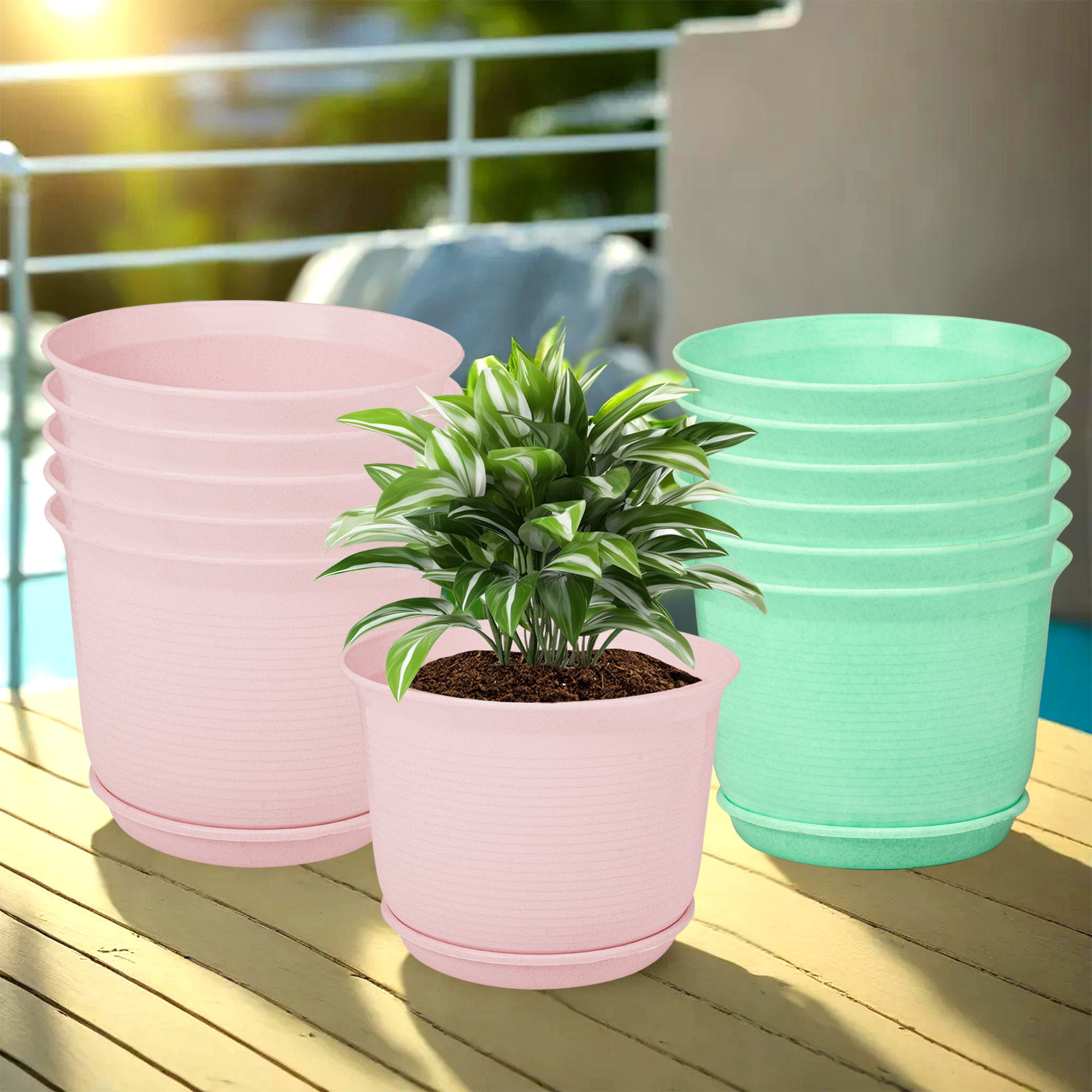 Kuber Industries Flower Pot with Bottom Tray | Flower Pot for Living Room | Planters for Home-Lawns & Gardening | Flower Planter for Balcony | Marble Sawera | 10 Inch | Pink & Green
