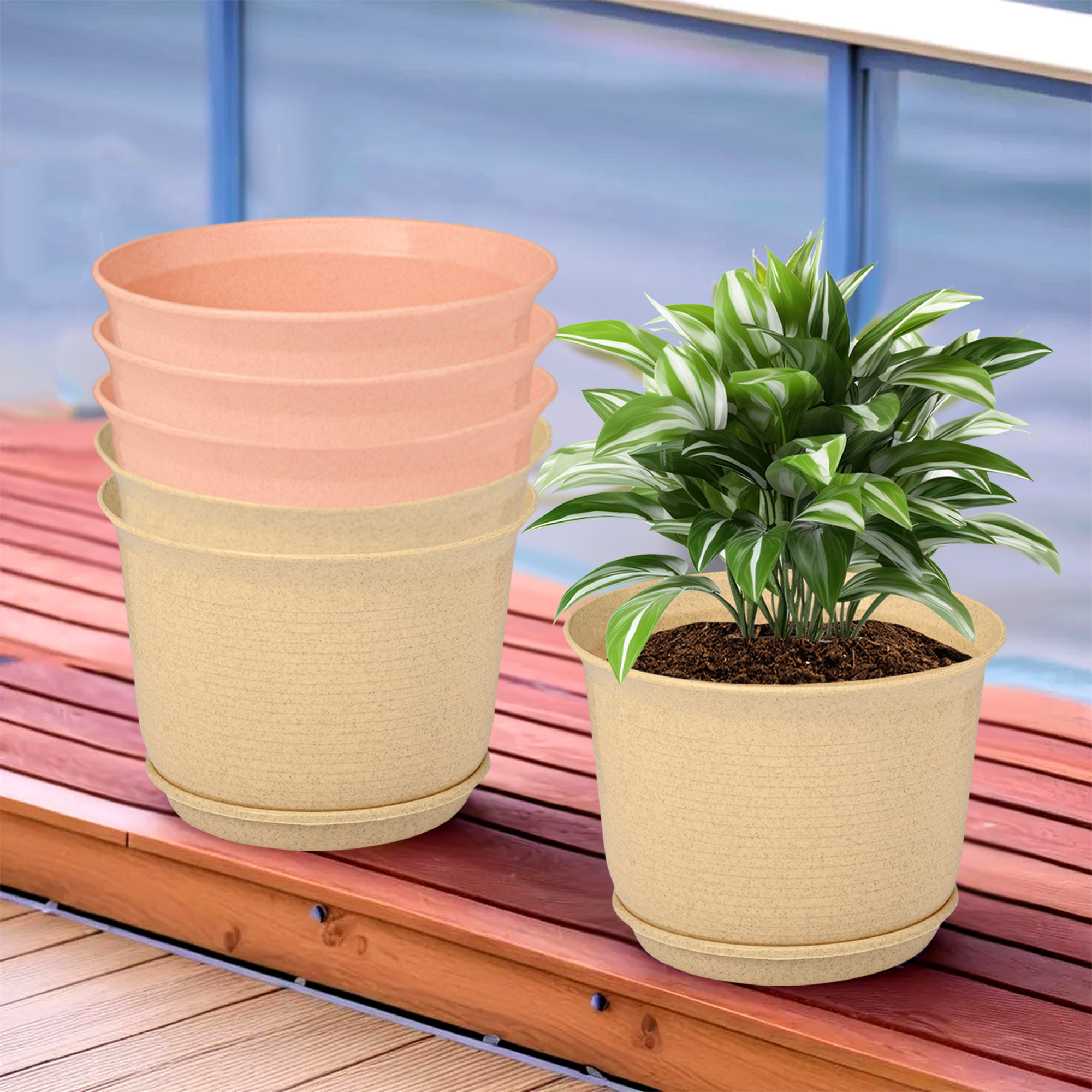 Kuber Industries Flower Pot with Bottom Tray | Flower Pot for Living Room | Planters for Home-Lawns & Gardening | Flower Planter for Balcony | Marble Sawera | 10 Inch | Beige & Peach