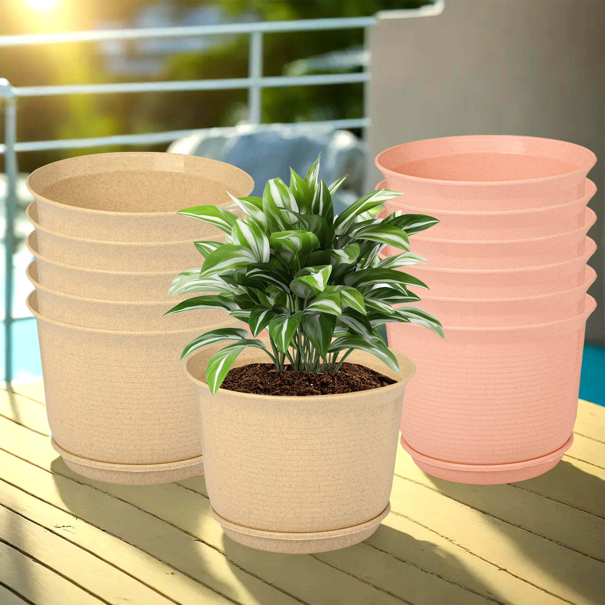 Kuber Industries Flower Pot with Bottom Tray | Flower Pot for Living Room | Planters for Home-Lawns & Gardening | Flower Planter for Balcony | Marble Sawera | 10 Inch | Beige & Peach