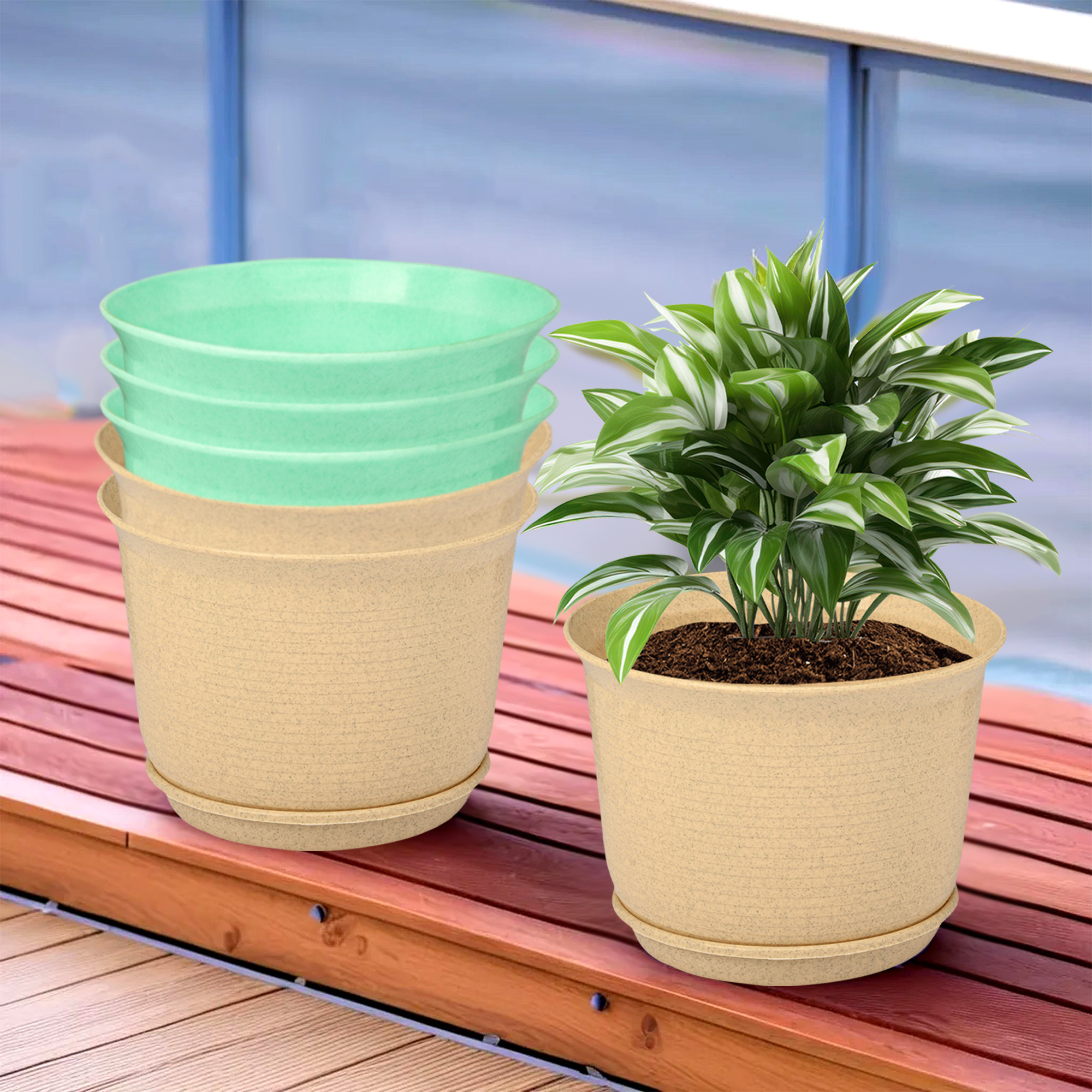 Kuber Industries Flower Pot with Bottom Tray | Flower Pot for Living Room | Planters for Home-Lawns & Gardening | Flower Planter for Balcony | Marble Sawera | 10 Inch | Beige & Green