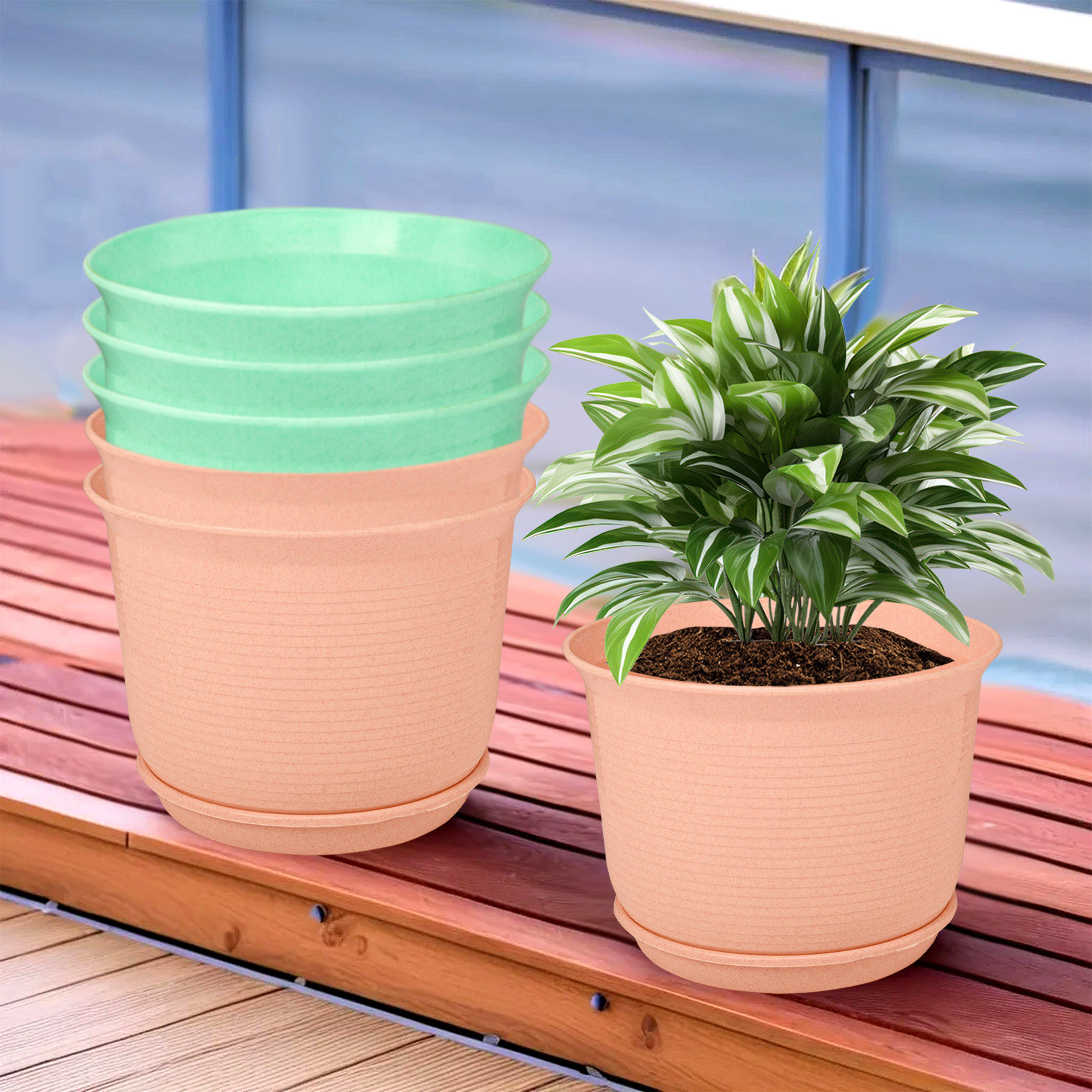 Kuber Industries Flower Pot with Bottom Tray | Flower Pot for Living Room | Planters for Home-Lawns & Gardening | Flower Planter for Balcony | Marble Sawera | 10 Inch | Peach & Green