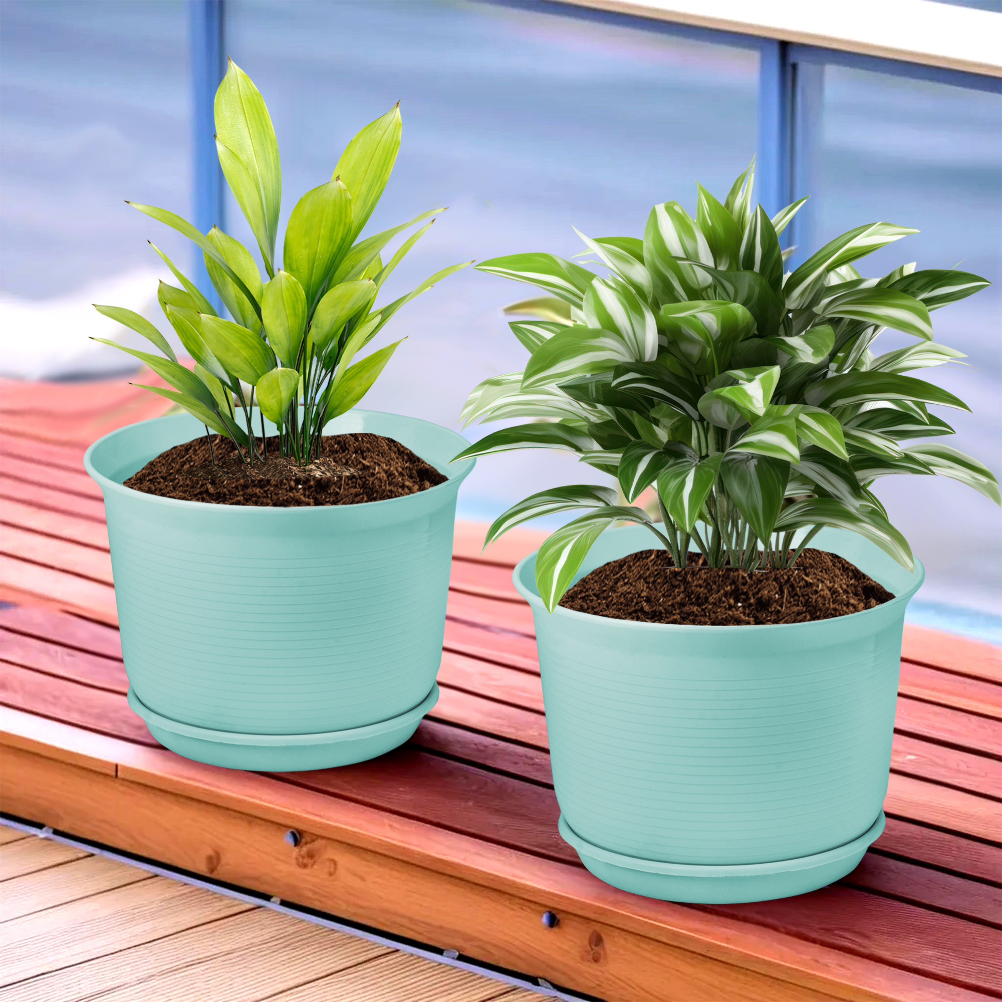 Kuber Industries Flower Pot with Bottom Tray | Flower Pot for Living Room | Planters for Home-Lawns & Gardening | Flower Planter for Balcony | Plain Sawera | 10 Inch | Sky Blue