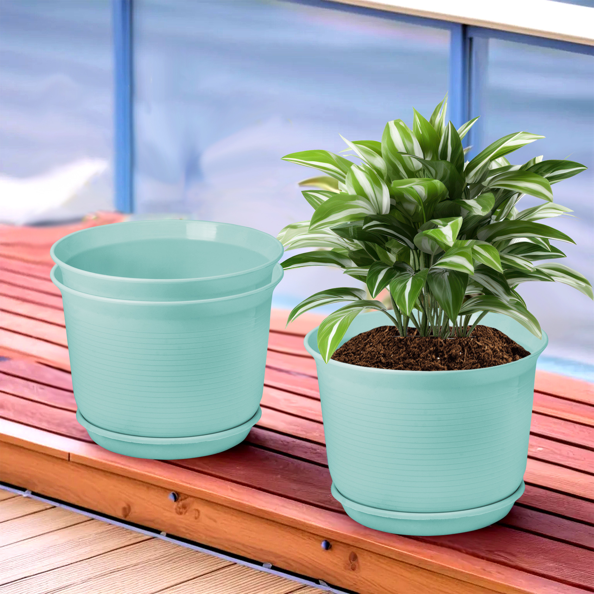 Kuber Industries Flower Pot with Bottom Tray | Flower Pot for Living Room | Planters for Home-Lawns & Gardening | Flower Planter for Balcony | Plain Sawera | 10 Inch | Sky Blue