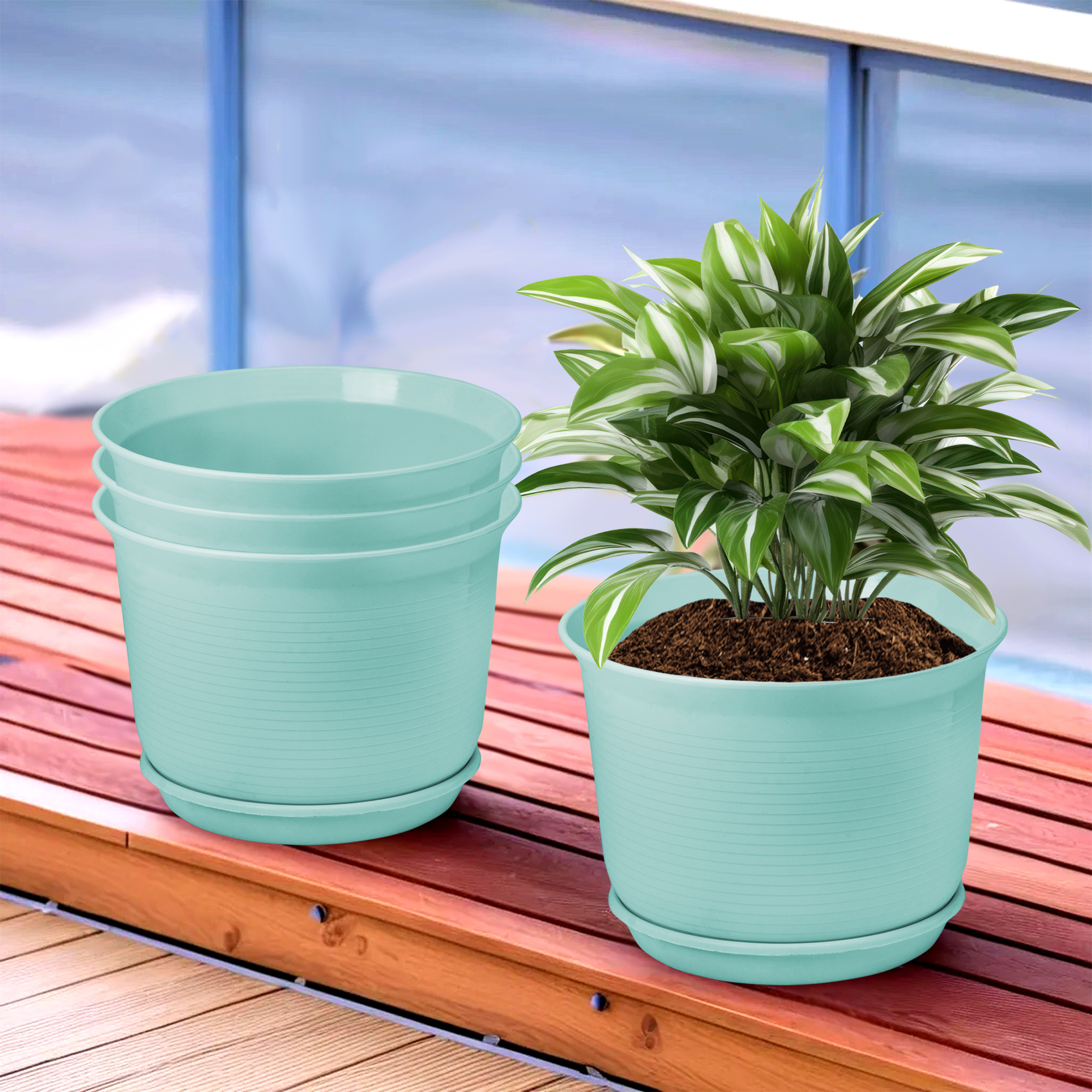 Kuber Industries Flower Pot with Bottom Tray | Flower Pot for Living Room | Planters for Home-Lawns & Gardening | Flower Planter for Balcony | Plain Sawera | 10 Inch | Sky Blue