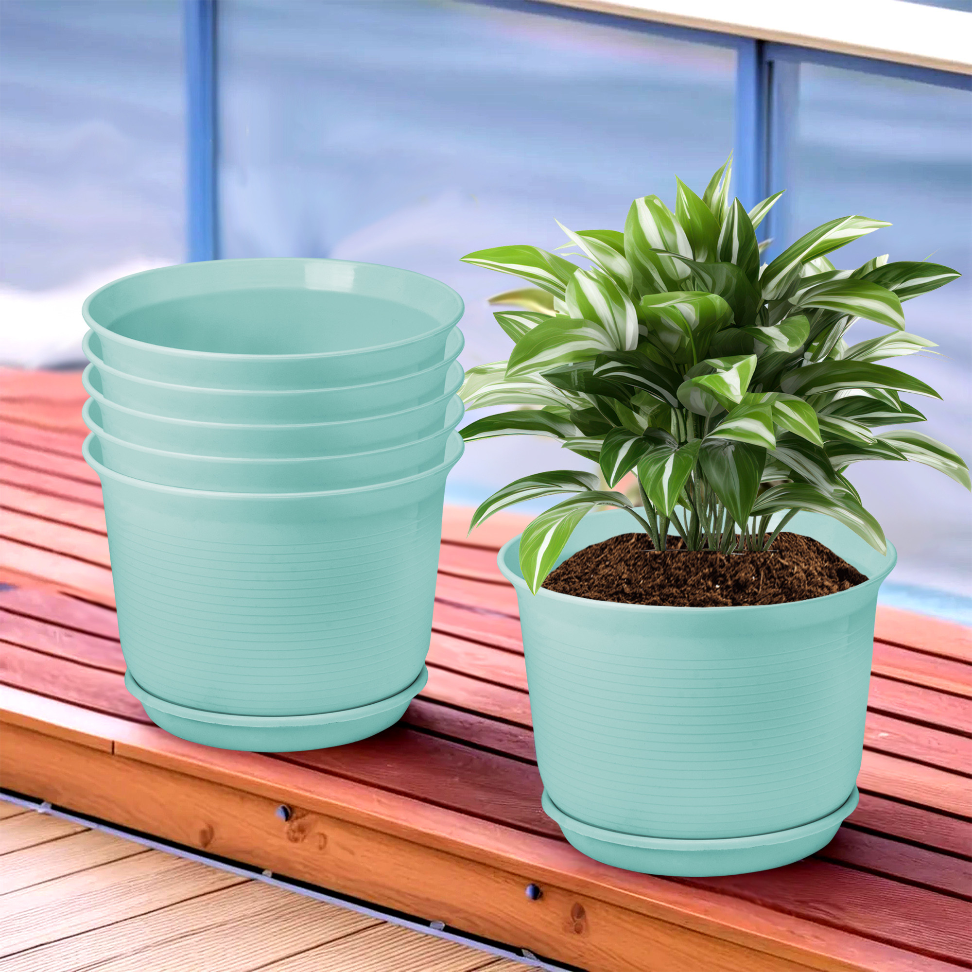 Kuber Industries Flower Pot with Bottom Tray | Flower Pot for Living Room | Planters for Home-Lawns & Gardening | Flower Planter for Balcony | Plain Sawera | 10 Inch | Sky Blue