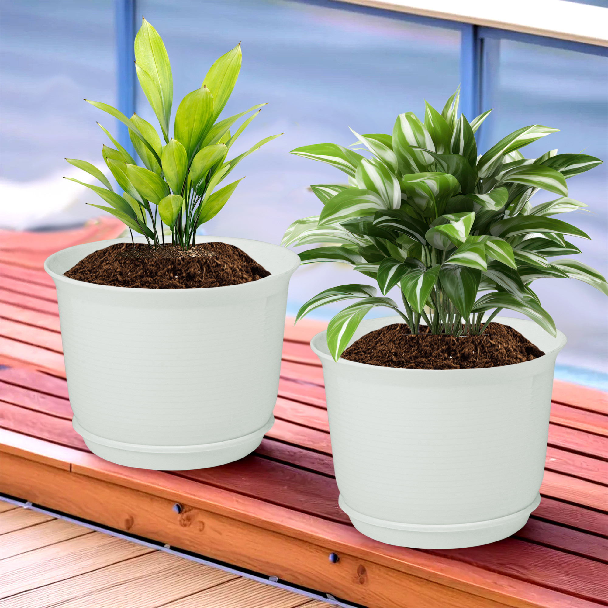 Kuber Industries Flower Pot with Bottom Tray | Flower Pot for Living Room | Planters for Home-Lawns & Gardening | Flower Planter for Balcony | Plain Sawera | 10 Inch | White