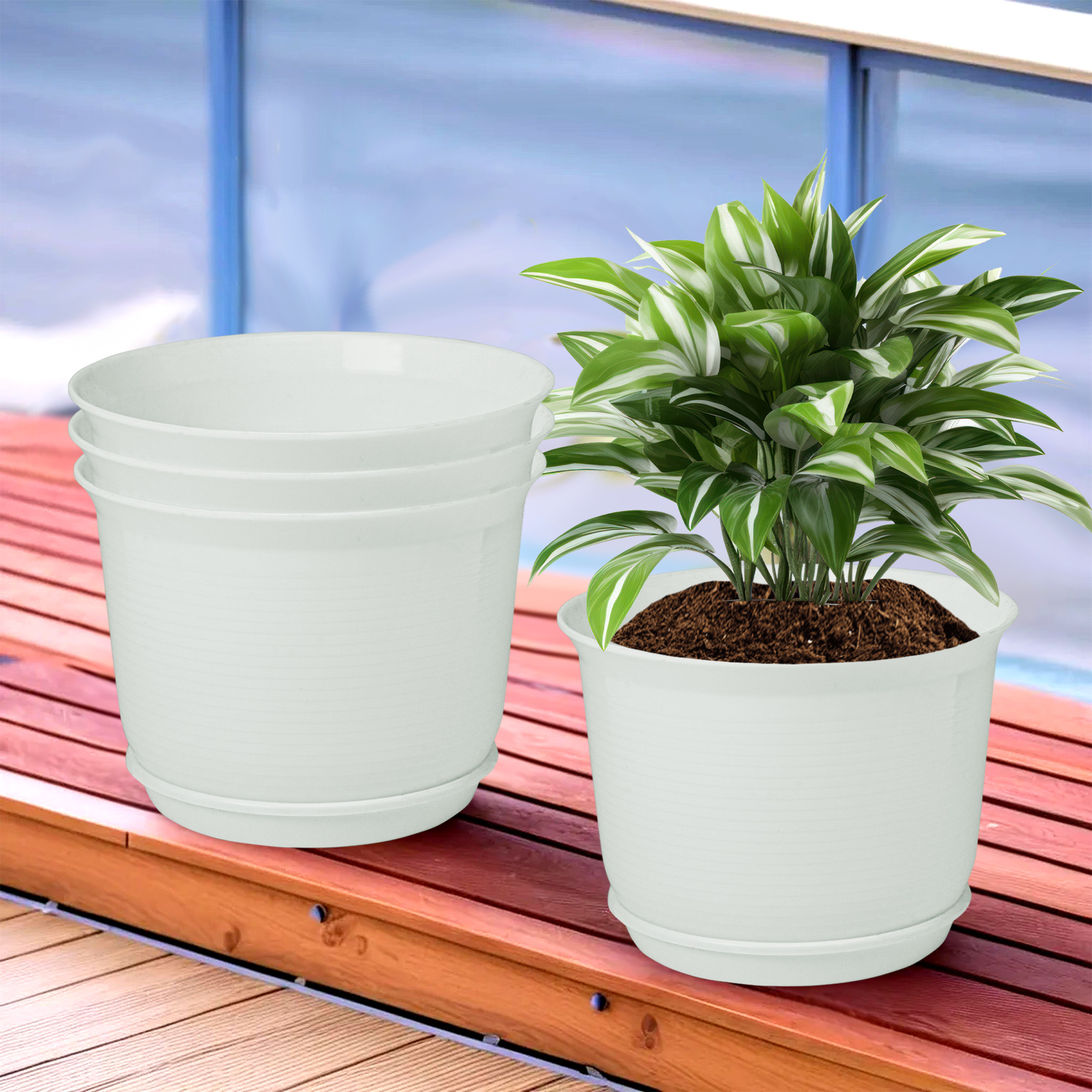 Kuber Industries Flower Pot with Bottom Tray | Flower Pot for Living Room | Planters for Home-Lawns & Gardening | Flower Planter for Balcony | Plain Sawera | 10 Inch | White