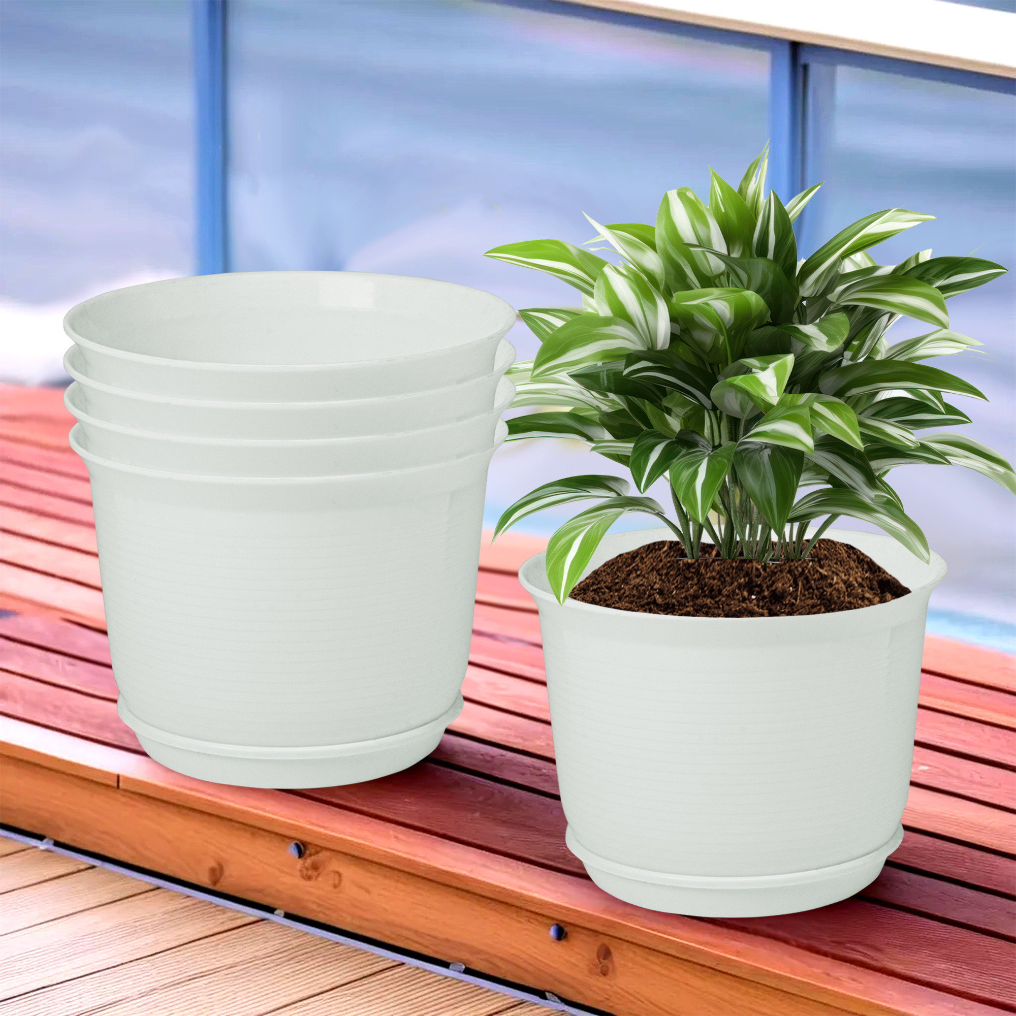 Kuber Industries Flower Pot with Bottom Tray | Flower Pot for Living Room | Planters for Home-Lawns & Gardening | Flower Planter for Balcony | Plain Sawera | 10 Inch | White