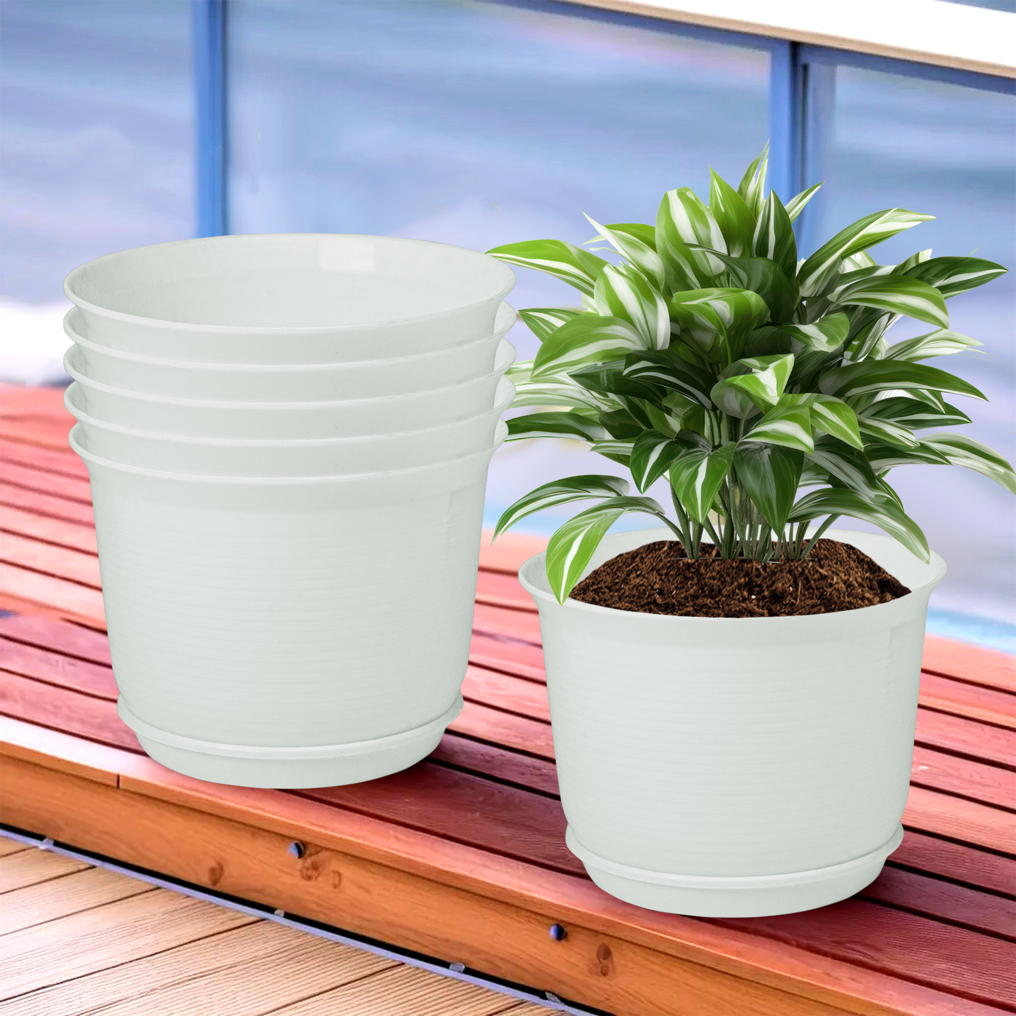 Kuber Industries Flower Pot with Bottom Tray | Flower Pot for Living Room | Planters for Home-Lawns & Gardening | Flower Planter for Balcony | Plain Sawera | 10 Inch | White