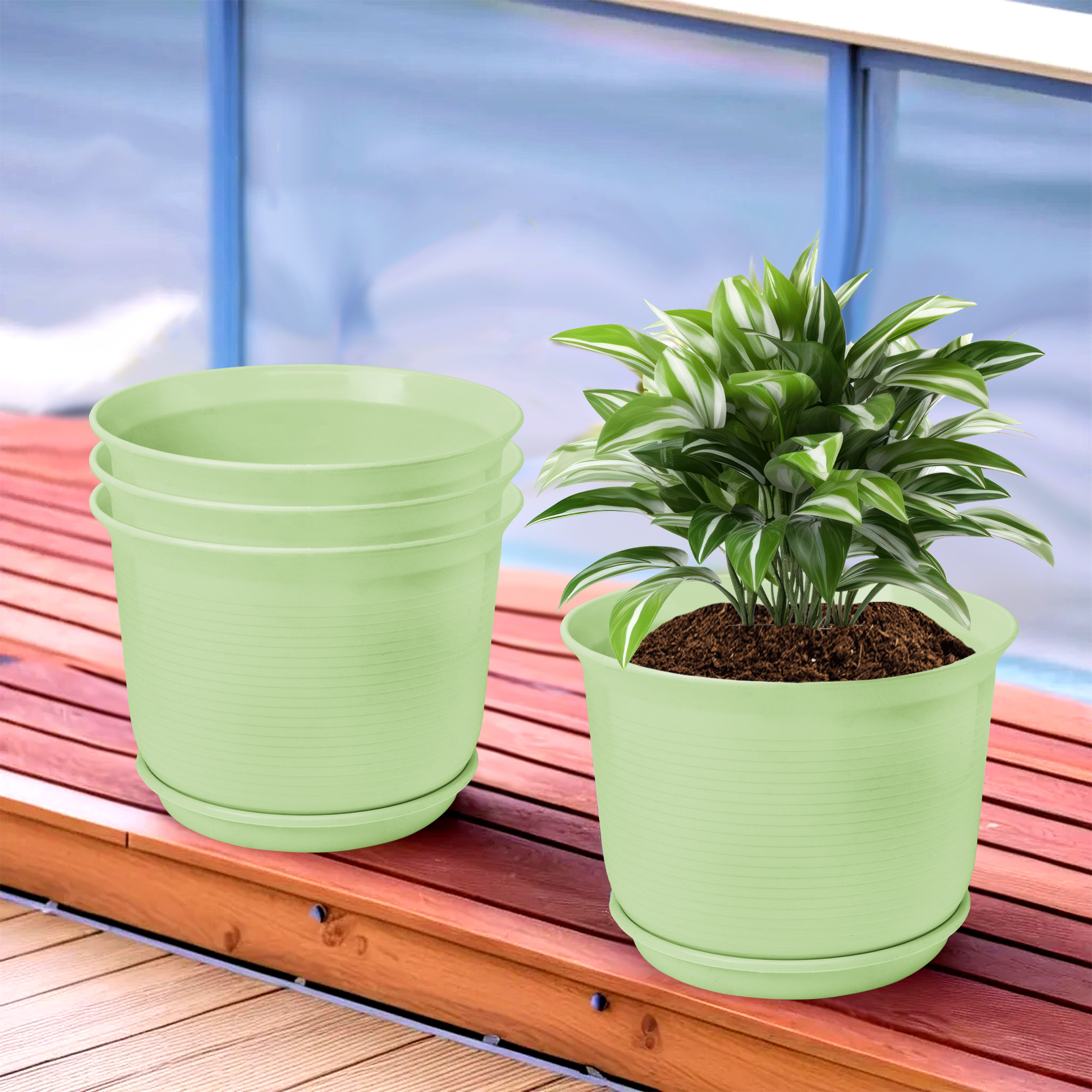 Kuber Industries Flower Pot with Bottom Tray | Flower Pot for Living Room | Planters for Home-Lawns & Gardening | Flower Planter for Balcony | Plain Sawera | 10 Inch | Light Green