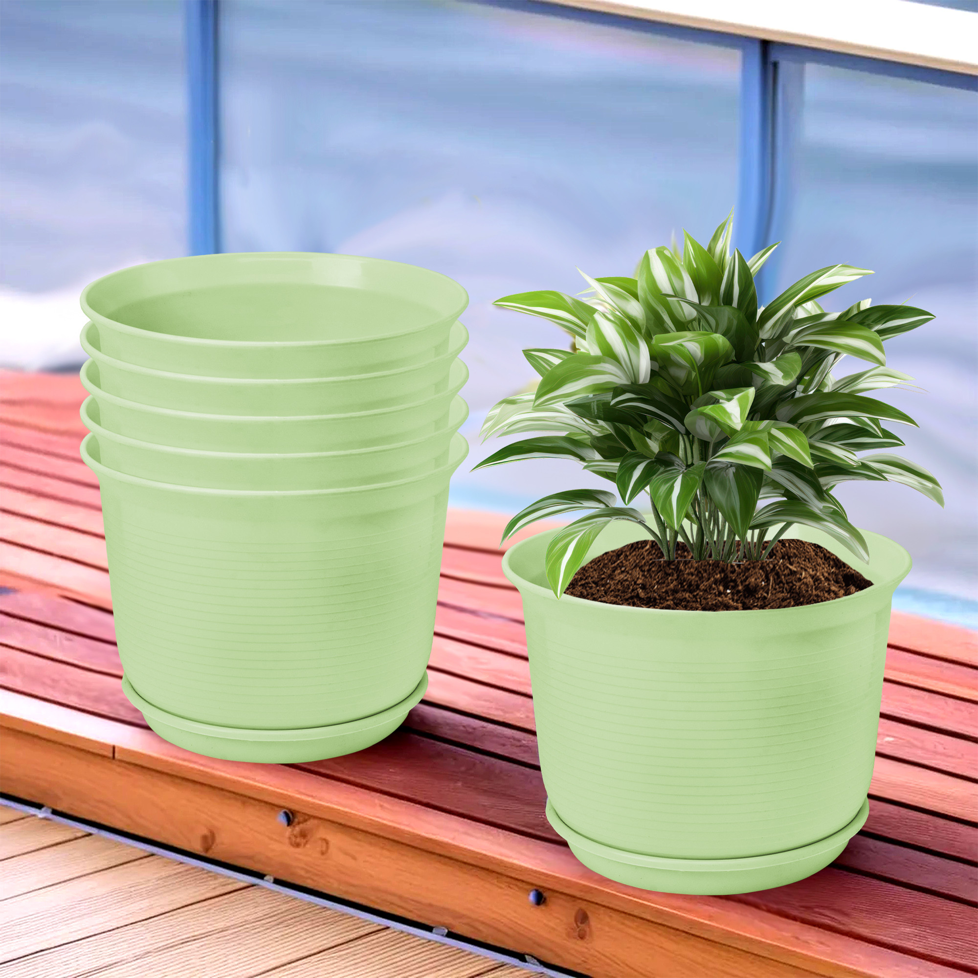 Kuber Industries Flower Pot with Bottom Tray | Flower Pot for Living Room | Planters for Home-Lawns & Gardening | Flower Planter for Balcony | Plain Sawera | 10 Inch | Light Green