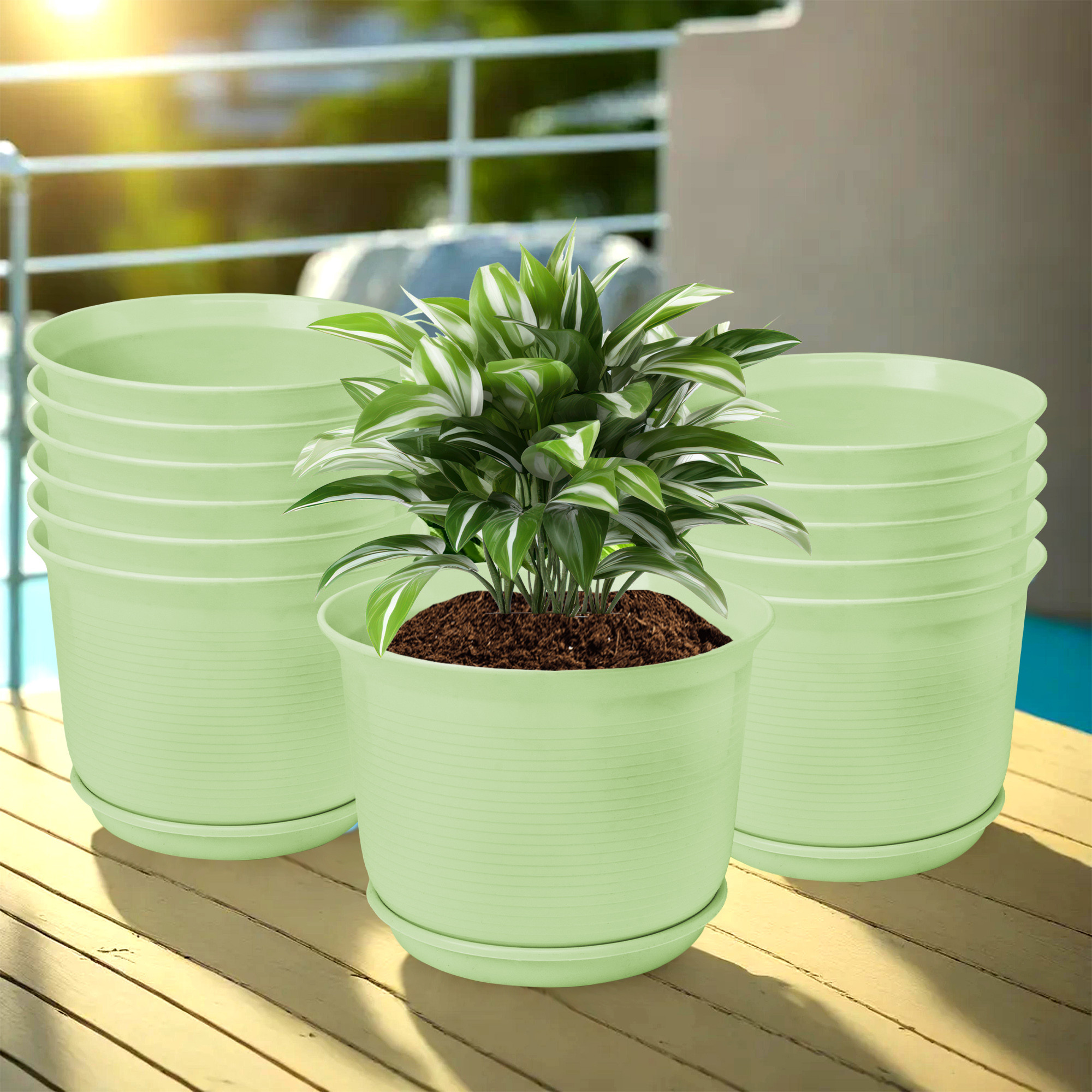 Kuber Industries Flower Pot with Bottom Tray | Flower Pot for Living Room | Planters for Home-Lawns & Gardening | Flower Planter for Balcony | Plain Sawera | 10 Inch | Light Green