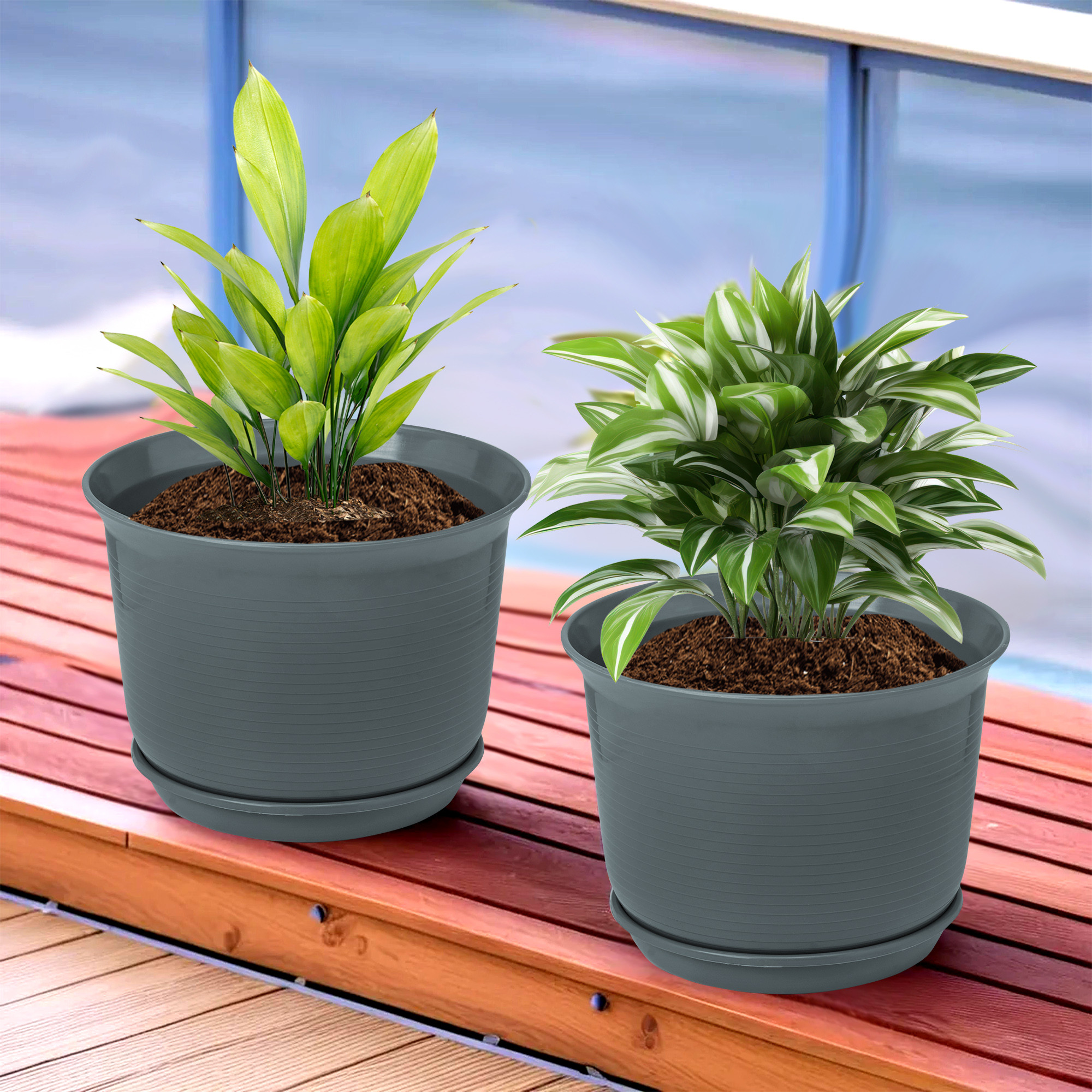Kuber Industries Flower Pot with Bottom Tray | Flower Pot for Living Room | Planters for Home-Lawns & Gardening | Flower Planter for Balcony | Plain Sawera | 10 Inch | Gray