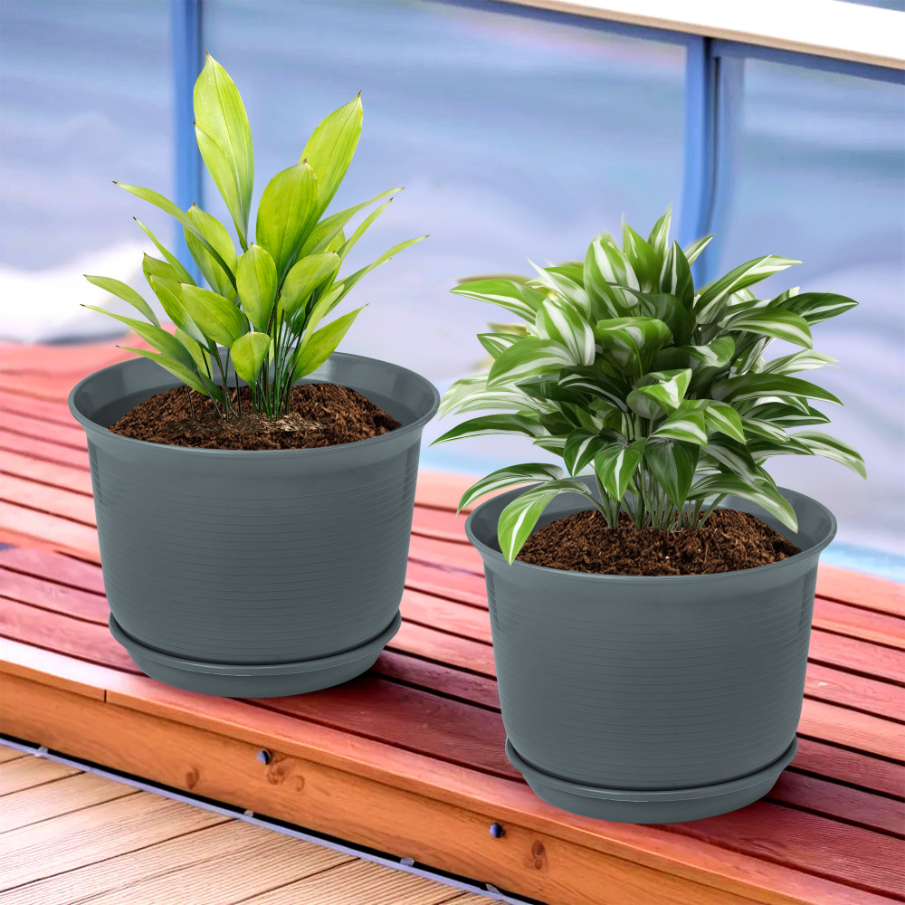 Kuber Industries Flower Pot with Bottom Tray | Flower Pot for Living Room | Planters for Home-Lawns &amp; Gardening | Flower Planter for Balcony | Plain Sawera | 10 Inch | Gray