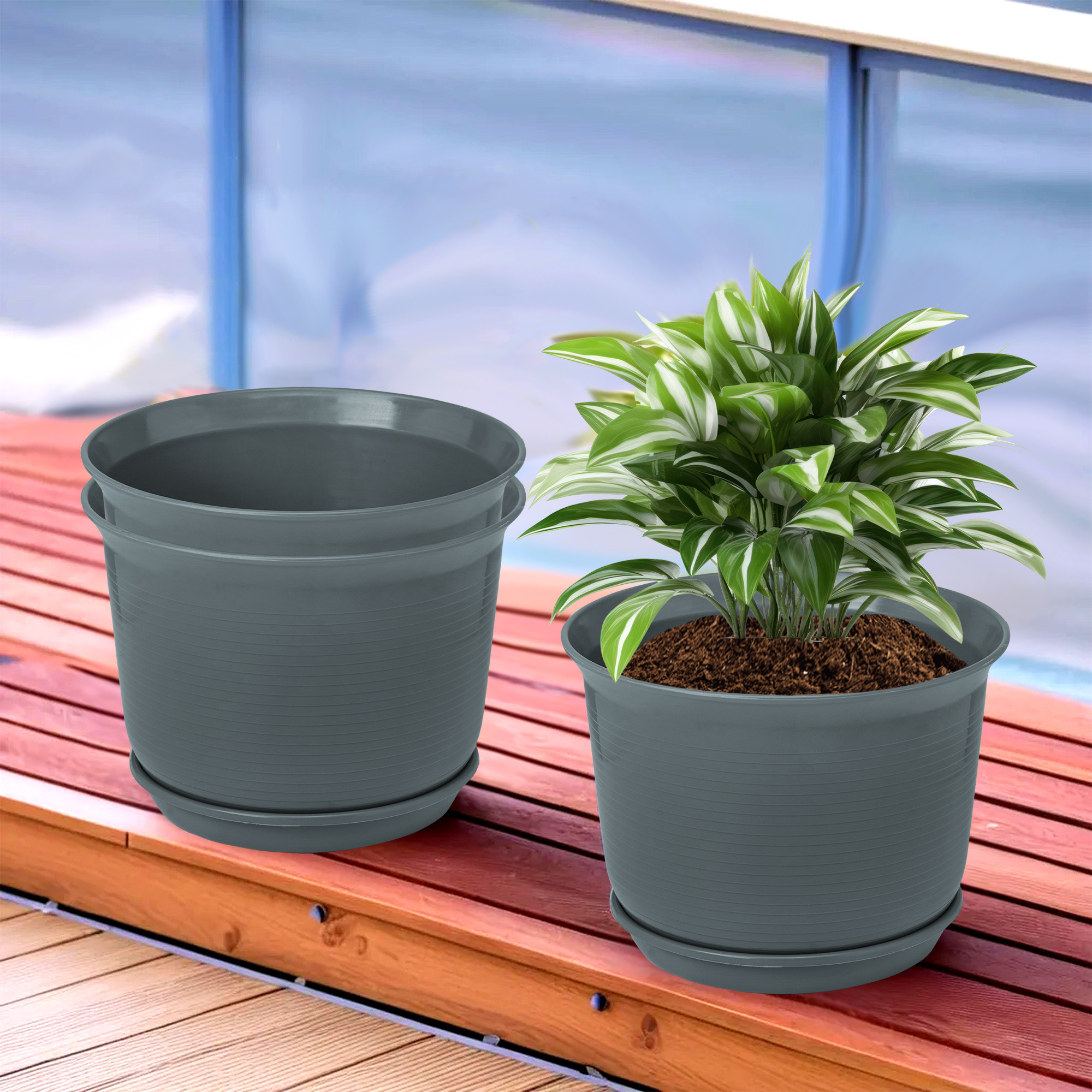 Kuber Industries Flower Pot with Bottom Tray | Flower Pot for Living Room | Planters for Home-Lawns & Gardening | Flower Planter for Balcony | Plain Sawera | 10 Inch | Gray