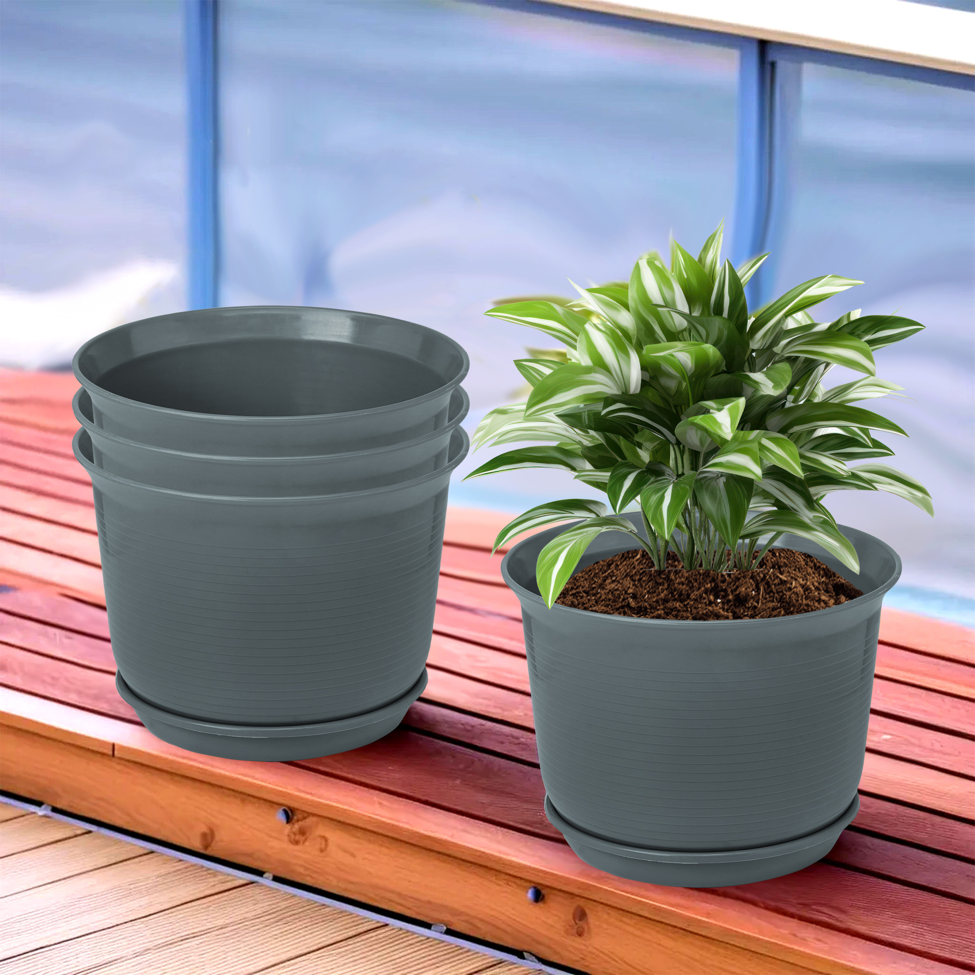 Kuber Industries Flower Pot with Bottom Tray | Flower Pot for Living Room | Planters for Home-Lawns & Gardening | Flower Planter for Balcony | Plain Sawera | 10 Inch | Gray