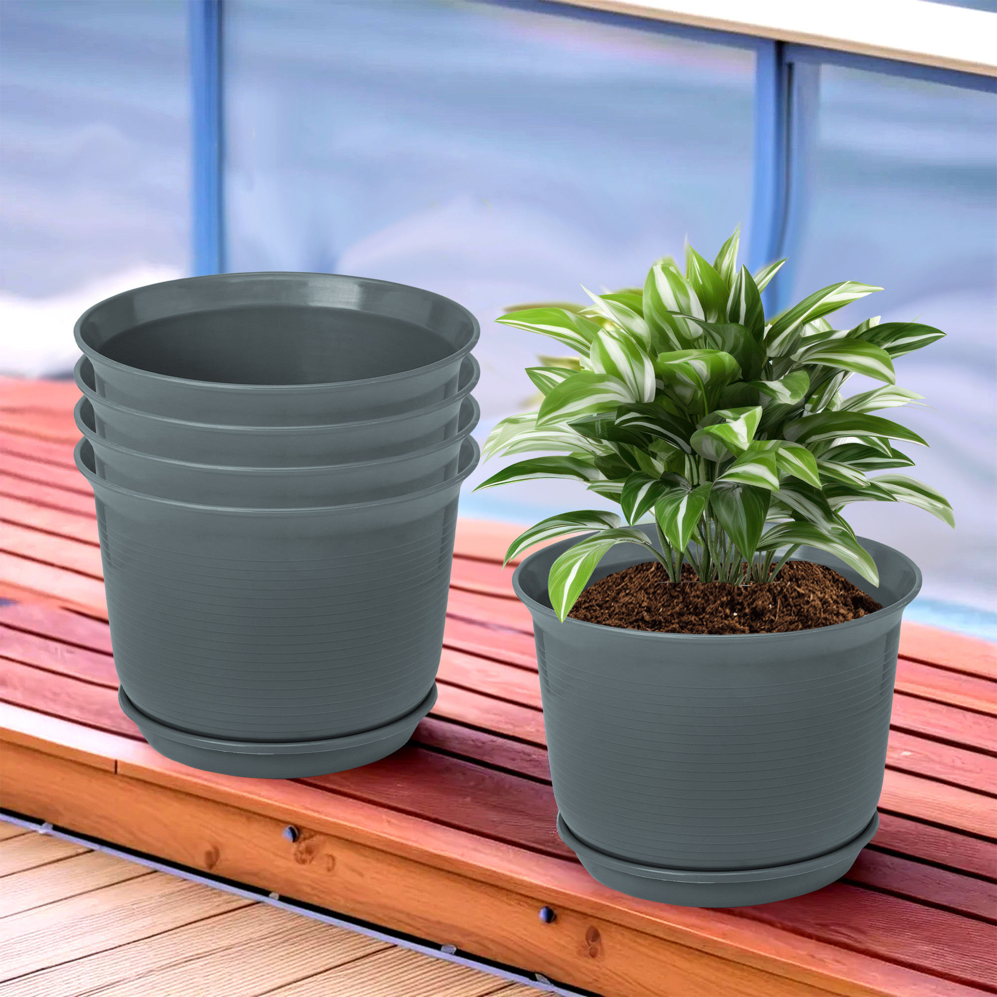 Kuber Industries Flower Pot with Bottom Tray | Flower Pot for Living Room | Planters for Home-Lawns & Gardening | Flower Planter for Balcony | Plain Sawera | 10 Inch | Gray