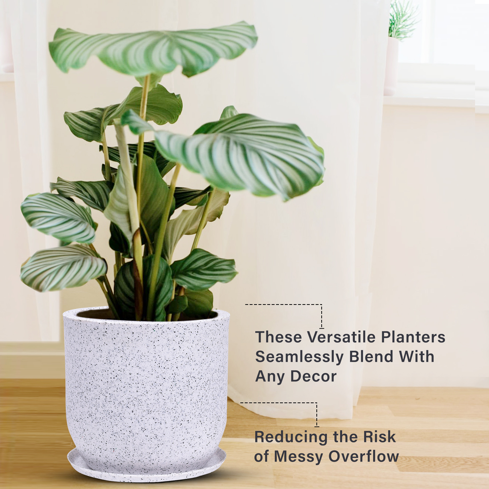 Kuber Industries Flower Pot with Plate  10 Inch Lightweight Polymers Indoor-Outdoor Plant Pots  Flower Pot Gamla for Home-Office  Garden  Flower Pot for Living Room  Marble Jaguar  White