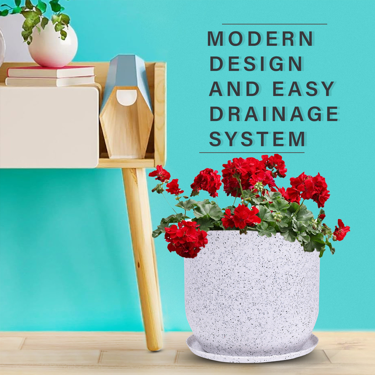 Kuber Industries Flower Pot with Plate  10 Inch Lightweight Polymers Indoor-Outdoor Plant Pots  Flower Pot Gamla for Home-Office  Garden  Flower Pot for Living Room  Marble Jaguar  White