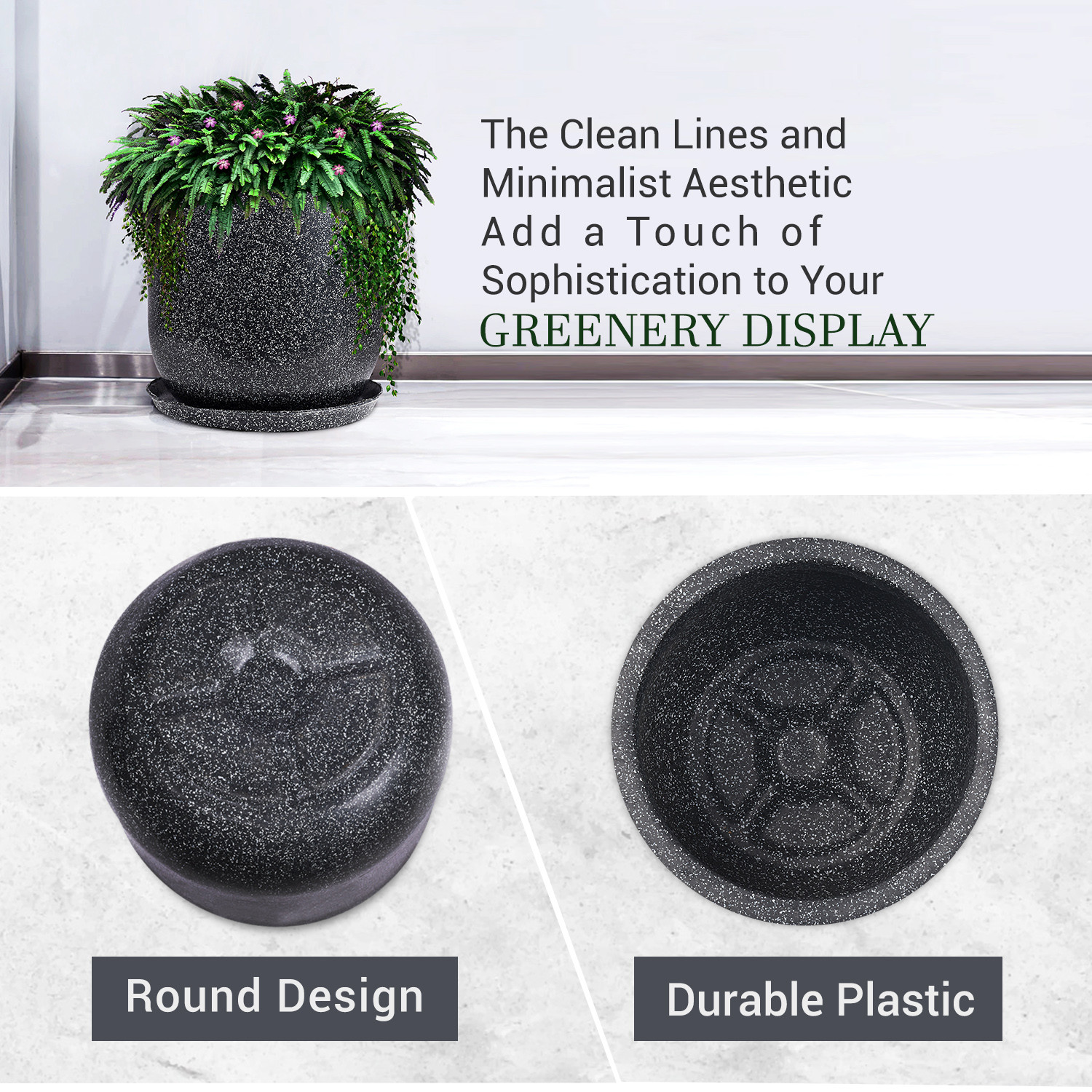 Kuber Industries Flower Pot with Plate | 10 Inch Lightweight Polymers Indoor-Outdoor Plant Pots | Flower Pot Gamla for Home-Office & Garden | Flower Pot for Living Room | Marble Jaguar | Black