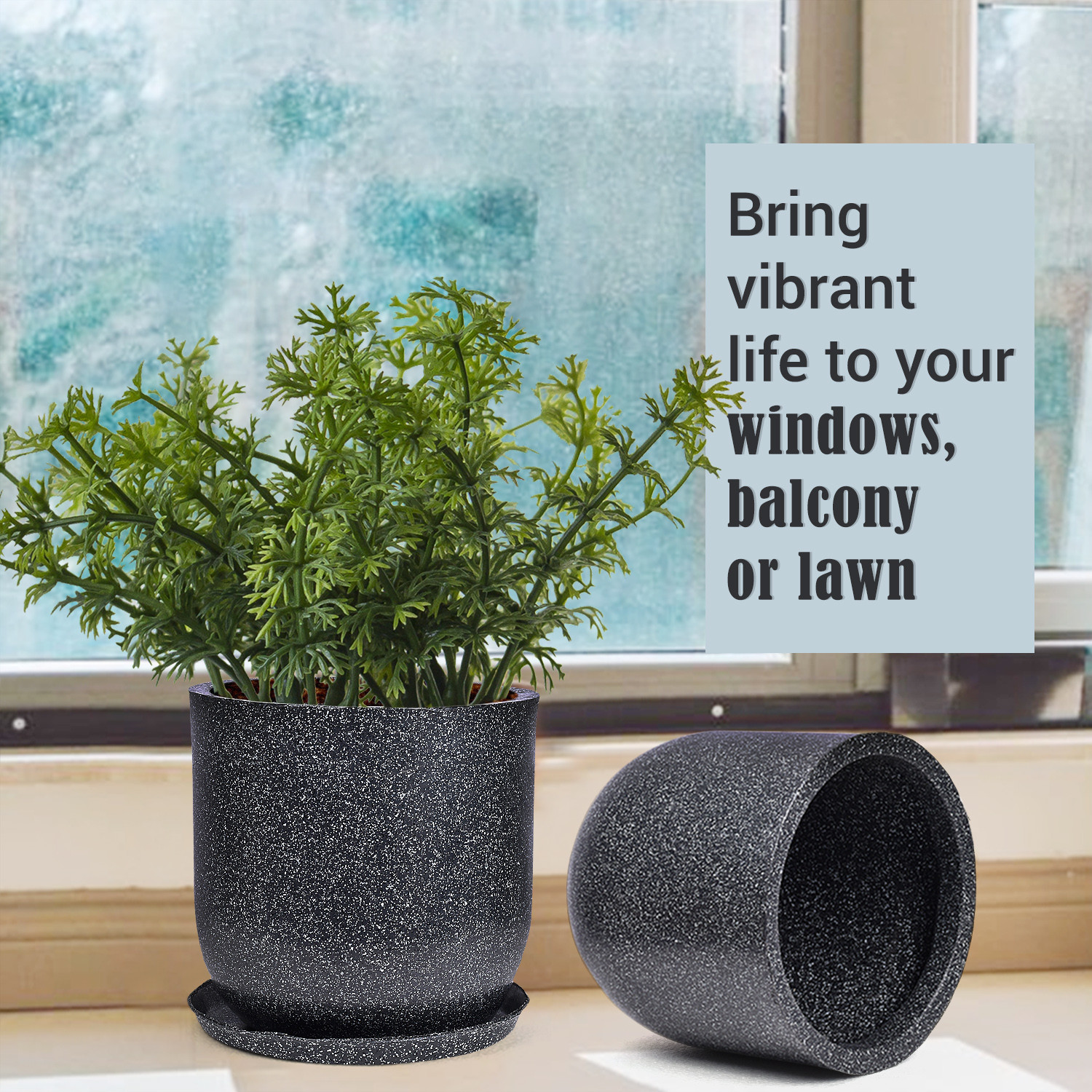 Kuber Industries Flower Pot with Plate | 10 Inch Lightweight Polymers Indoor-Outdoor Plant Pots | Flower Pot Gamla for Home-Office & Garden | Flower Pot for Living Room | Marble Jaguar | Black