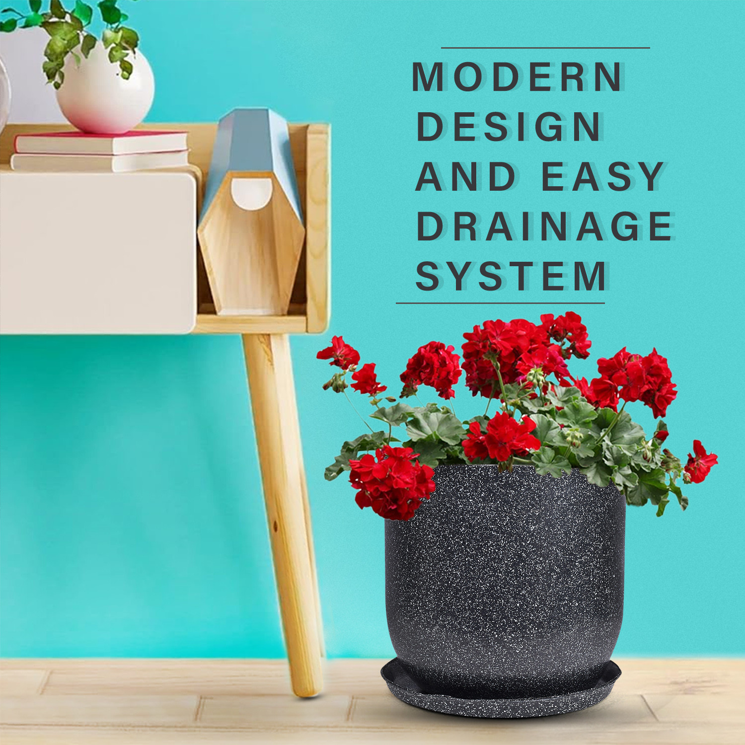 Kuber Industries Flower Pot with Plate | 10 Inch Lightweight Polymers Indoor-Outdoor Plant Pots | Flower Pot Gamla for Home-Office & Garden | Flower Pot for Living Room | Marble Jaguar | Black