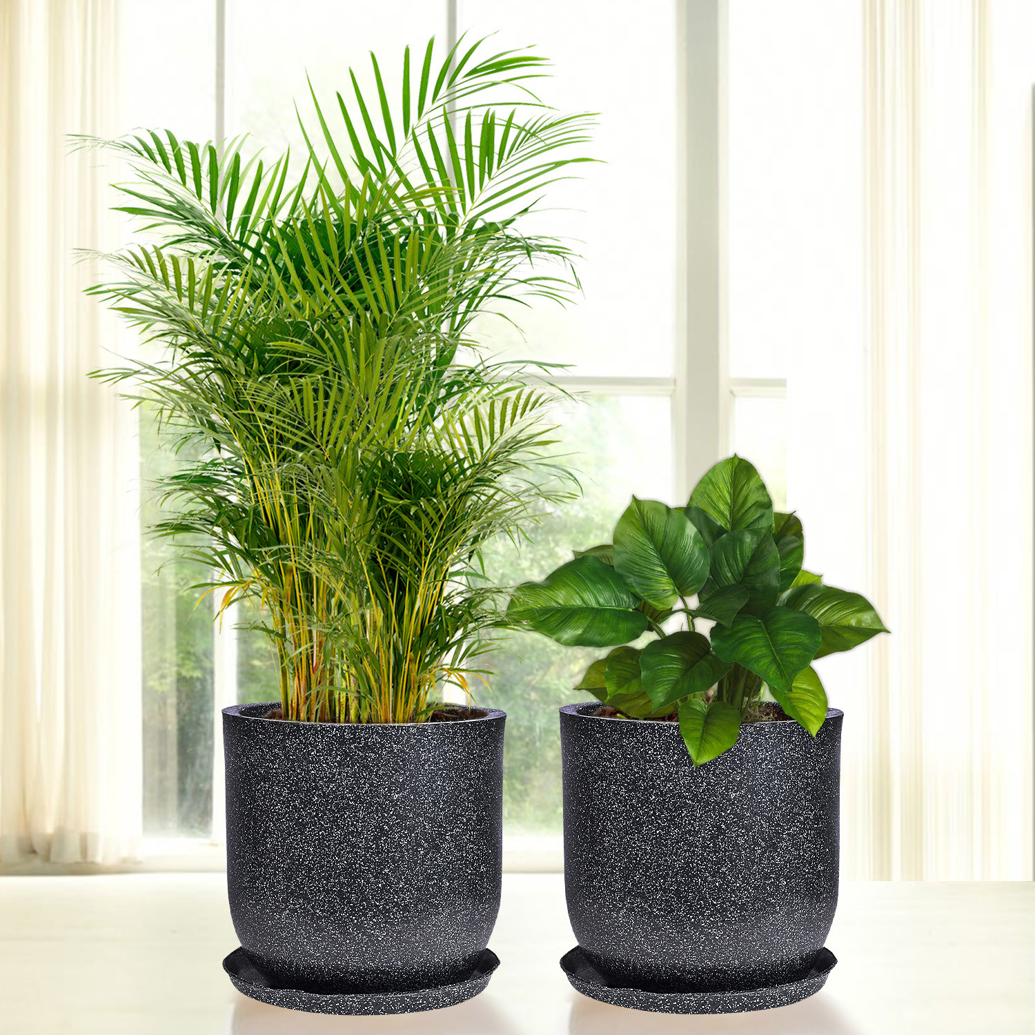 Kuber Industries Flower Pot with Plate | 10 Inch Lightweight Polymers Indoor-Outdoor Plant Pots | Flower Pot Gamla for Home-Office & Garden | Flower Pot for Living Room | Marble Jaguar | Black