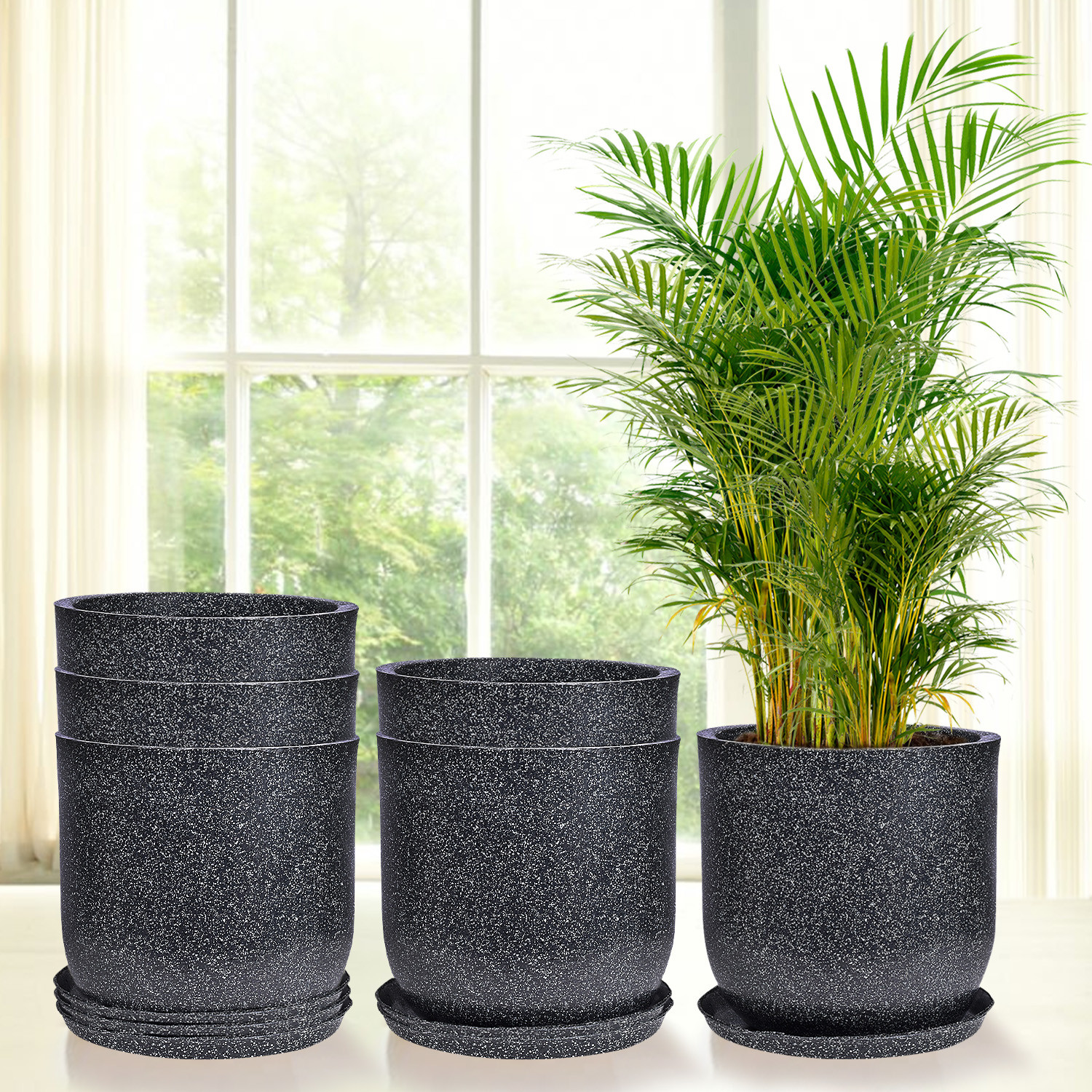 Kuber Industries Flower Pot with Plate | 10 Inch Lightweight Polymers Indoor-Outdoor Plant Pots | Flower Pot Gamla for Home-Office & Garden | Flower Pot for Living Room | Marble Jaguar | Black